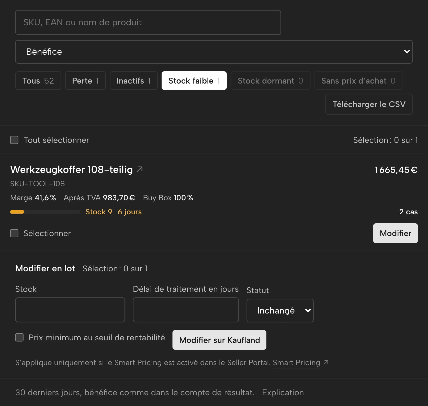 Réassort dans Sellgrip, avec des données d’exemple