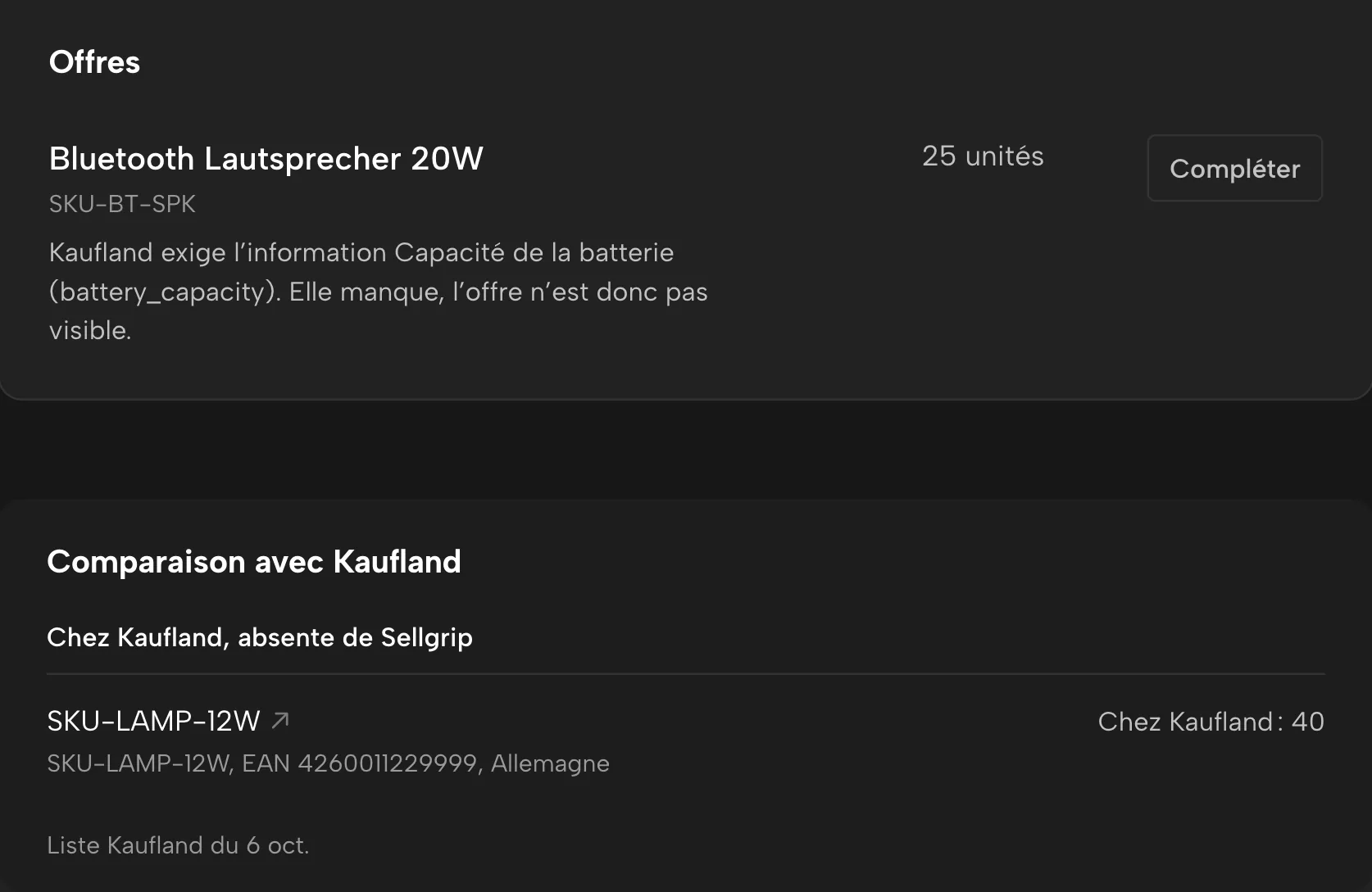 Contrôle des annonces dans Sellgrip, avec des données d’exemple
