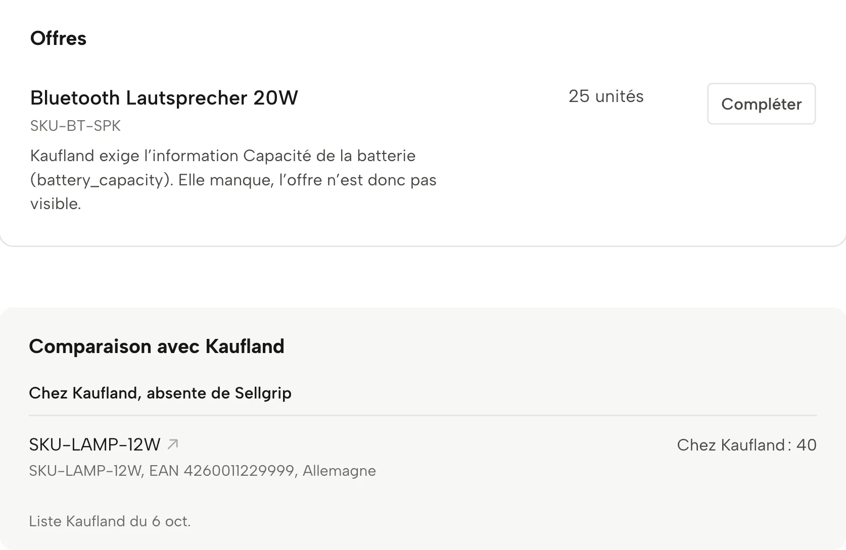 Contrôle des annonces dans Sellgrip, avec des données d’exemple