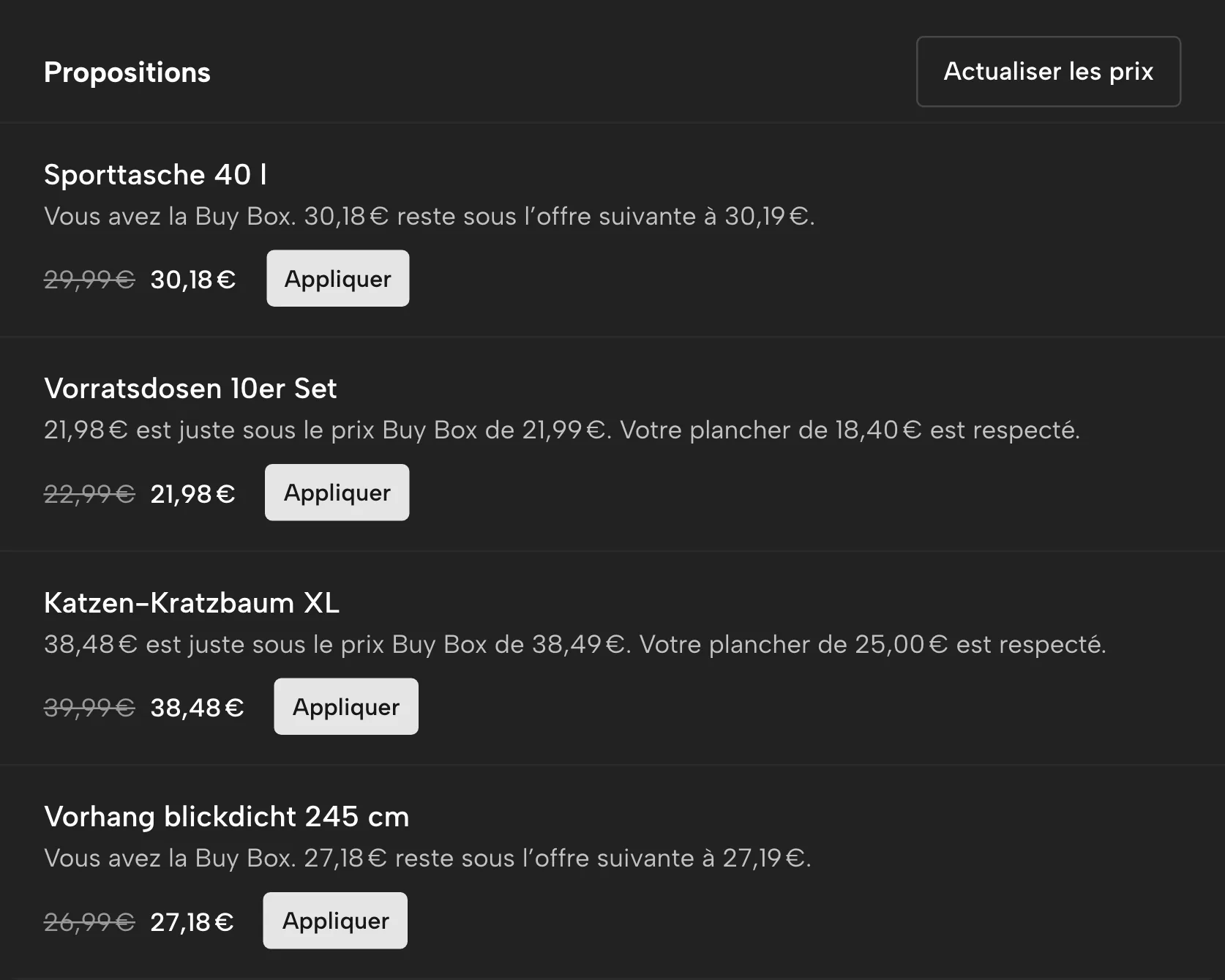 Règles de prix dans Sellgrip, avec des données d’exemple