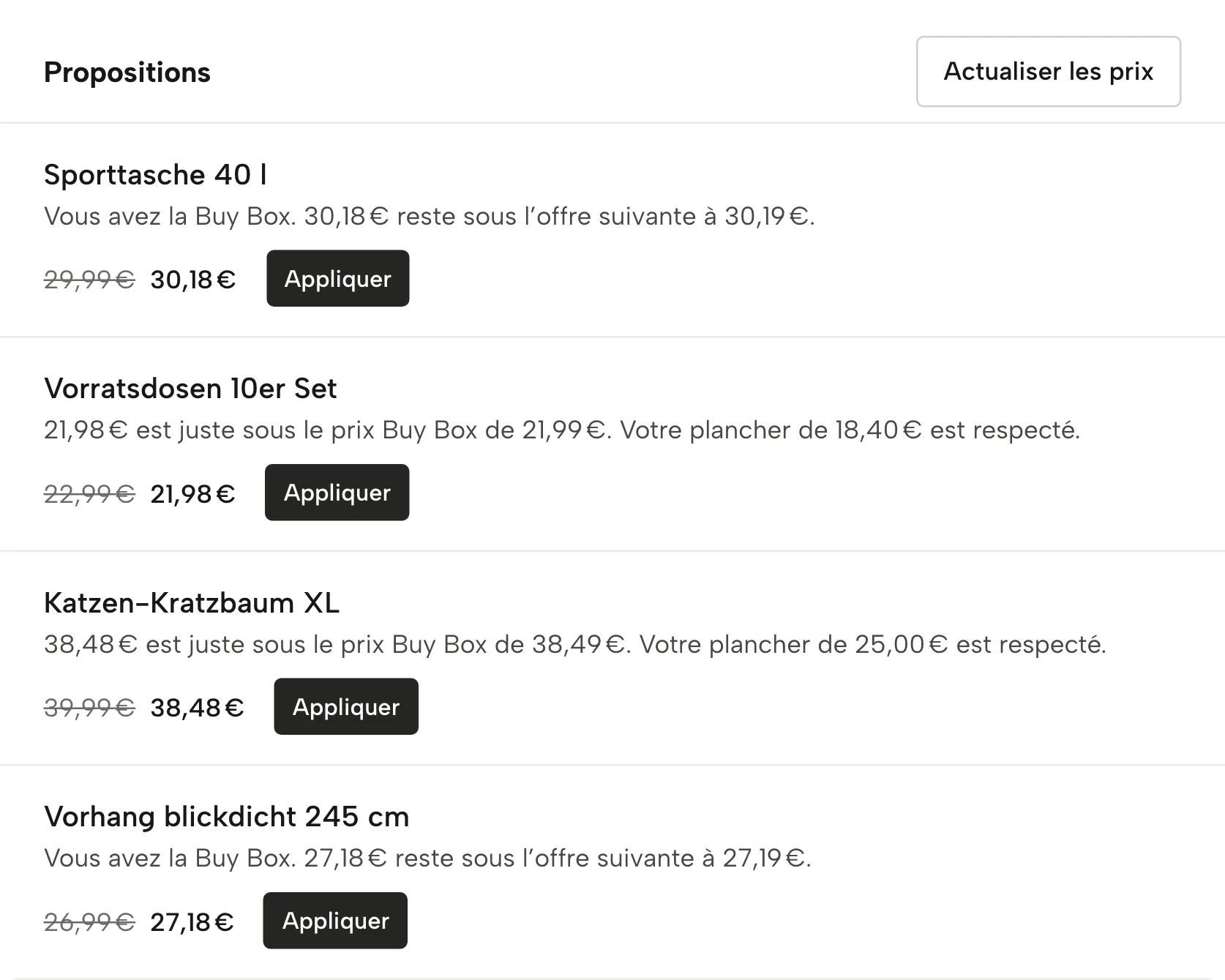 Règles de prix dans Sellgrip, avec des données d’exemple