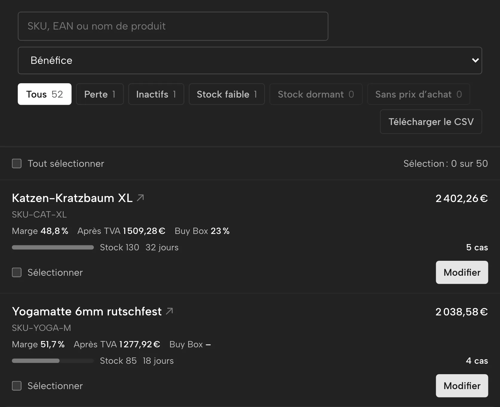 Produits dans Sellgrip, avec des données d’exemple