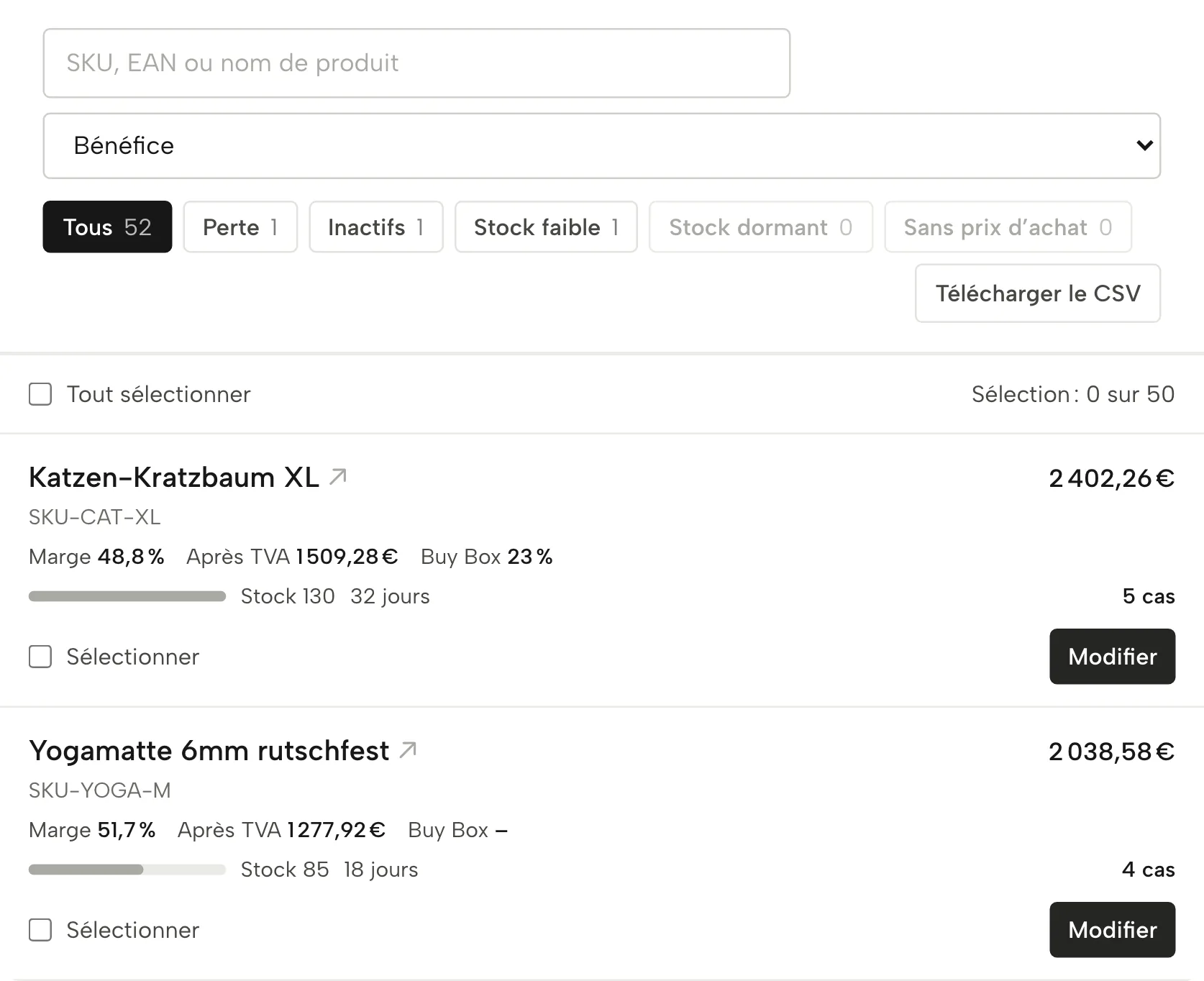 Produits dans Sellgrip, avec des données d’exemple