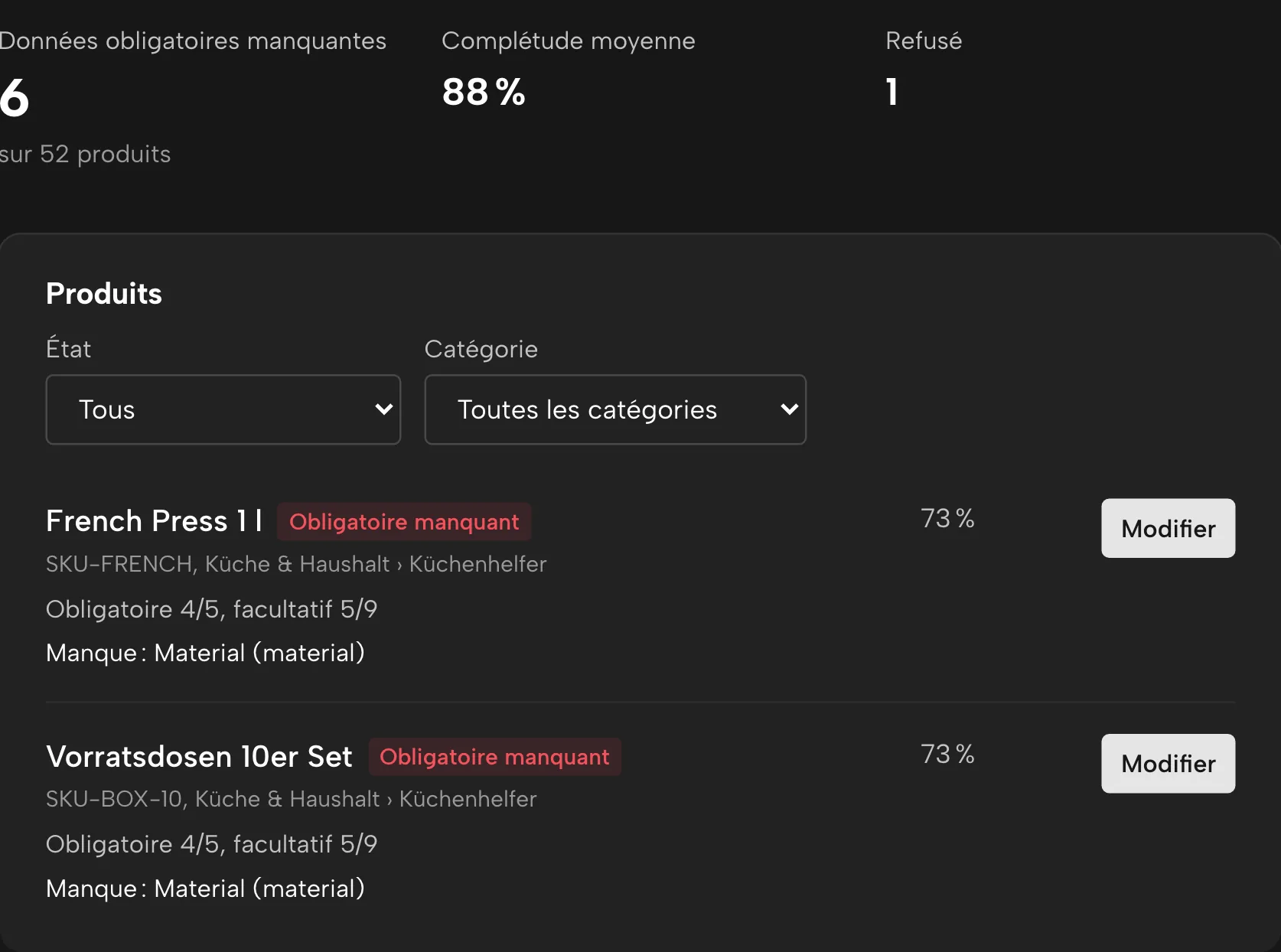Données produit dans Sellgrip, avec des données d’exemple