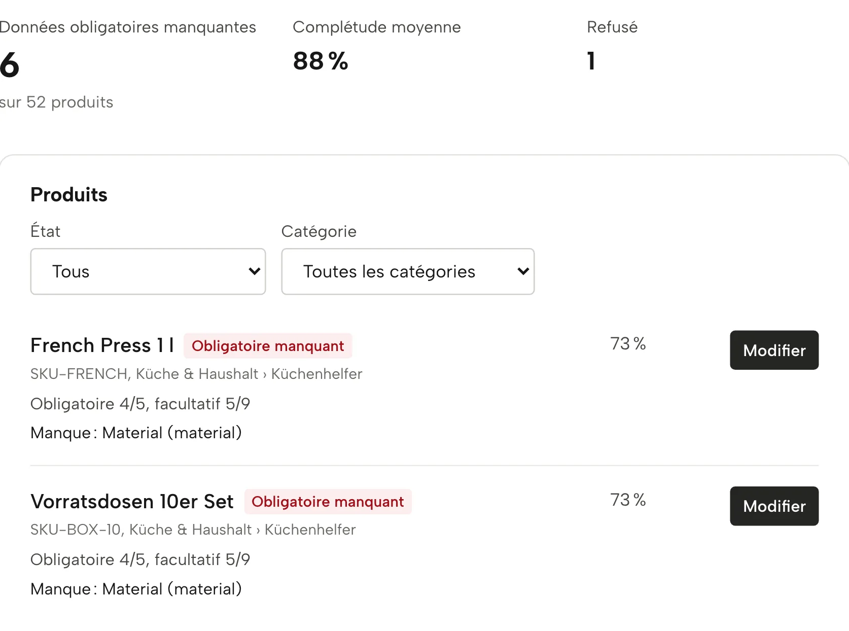 Données produit dans Sellgrip, avec des données d’exemple