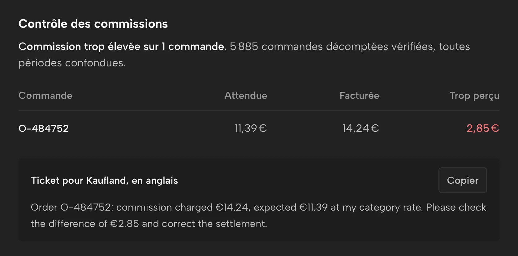 Contrôle des commissions dans Sellgrip, avec des données d’exemple