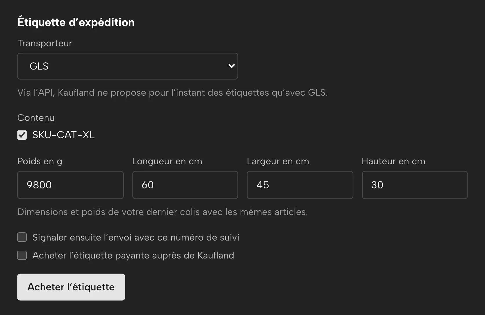 Étiquettes d’expédition dans Sellgrip, avec des données d’exemple