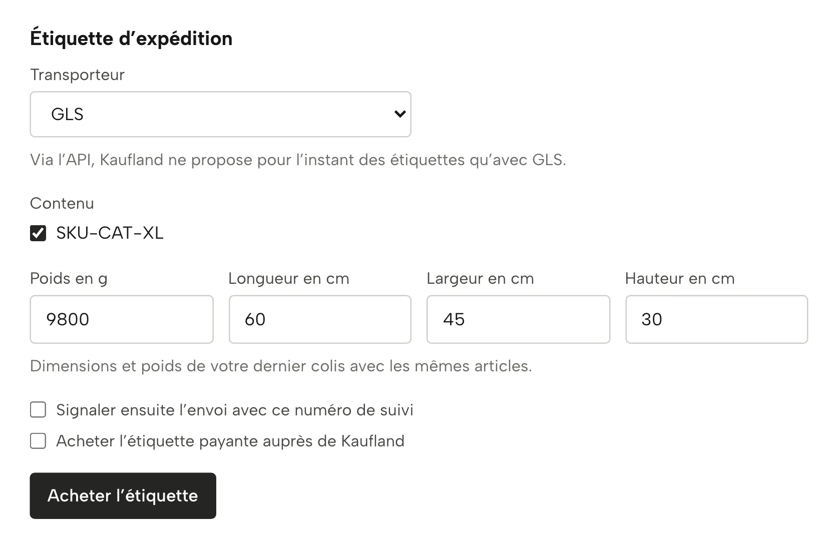 Étiquettes d’expédition dans Sellgrip, avec des données d’exemple