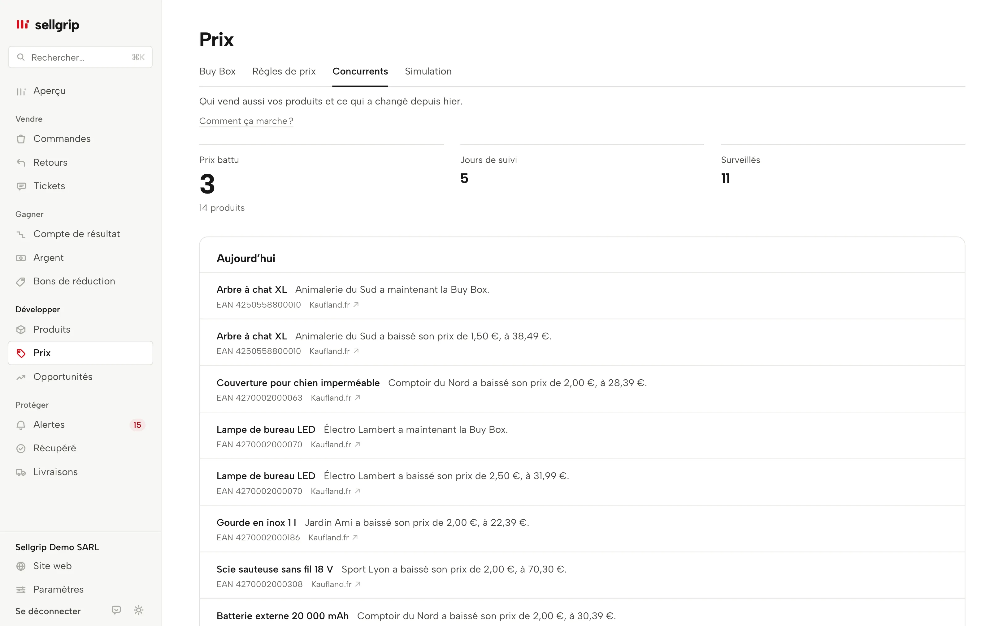 Radar concurrents dans Sellgrip avec les concurrents par produit, les prix et les changements depuis hier.
