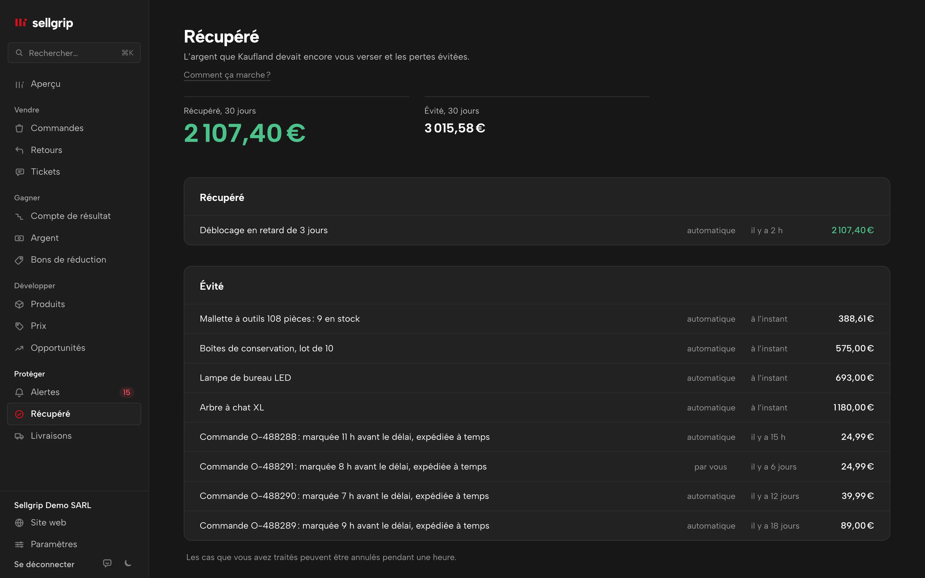 Récupéré dans Sellgrip : deux totaux et les justificatifs avec leur montant.