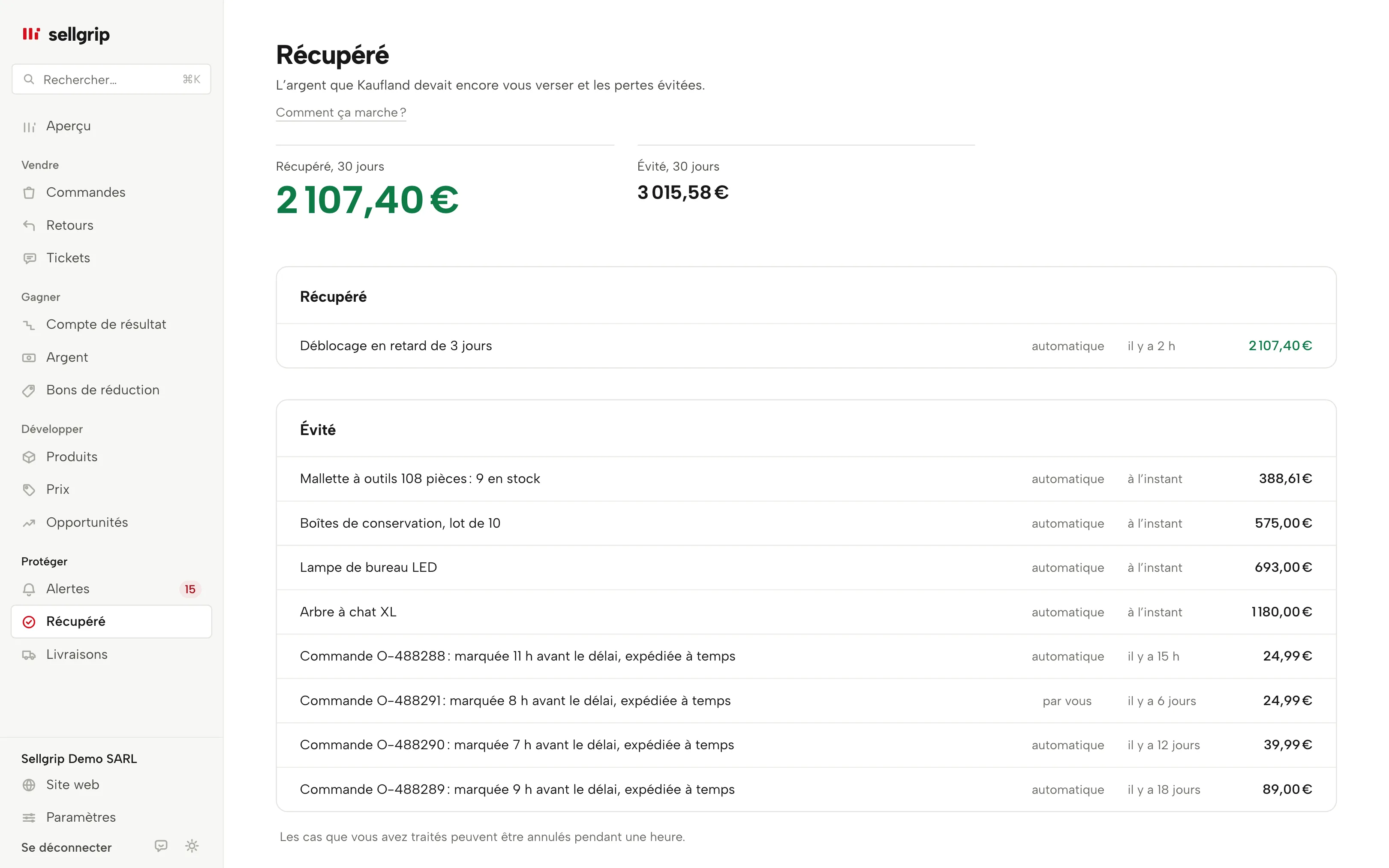 Récupéré dans Sellgrip : deux totaux et les justificatifs avec leur montant.