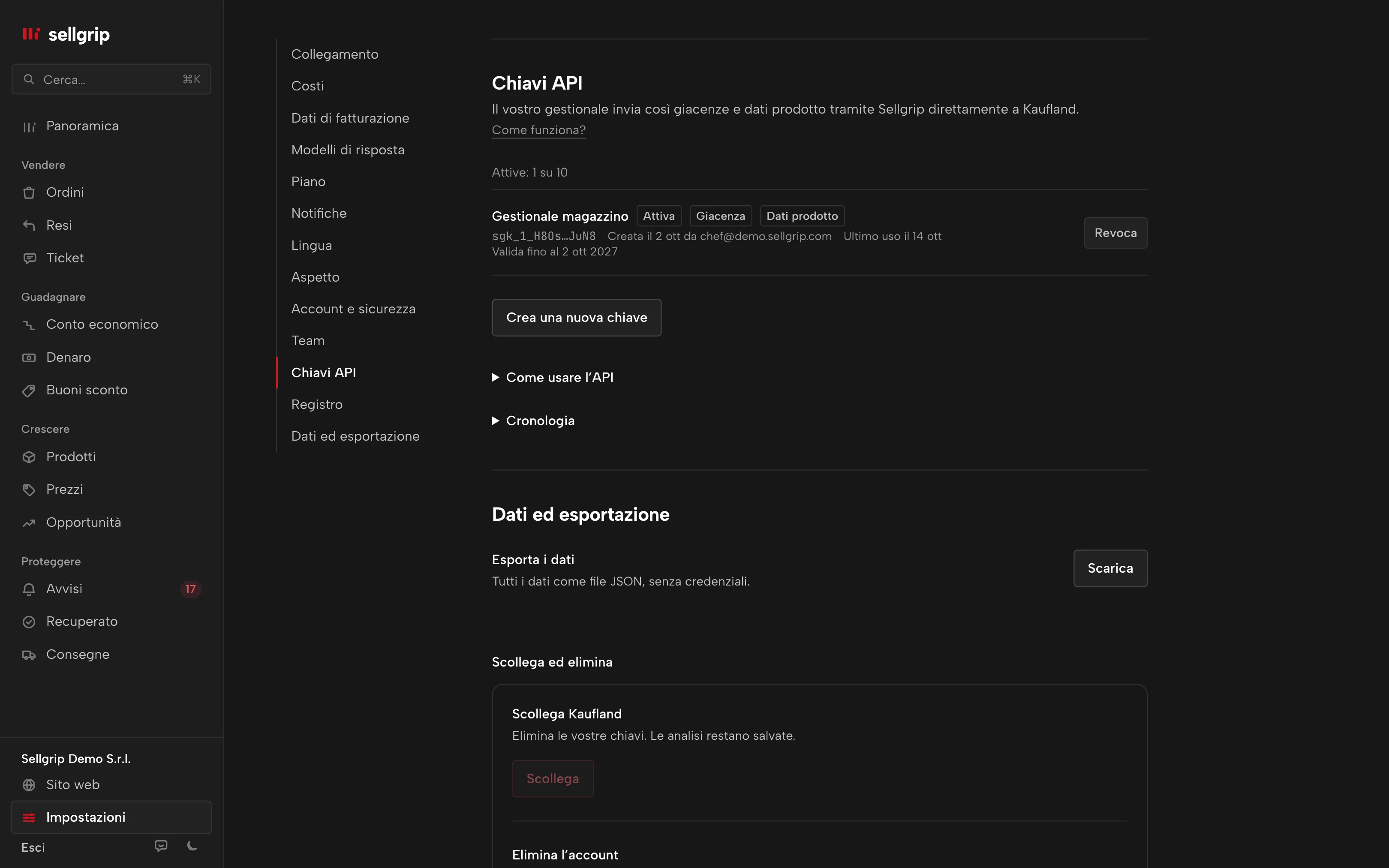 Chiavi API in Sellgrip: le chiavi con permessi, ultimo utilizzo e scadenza.