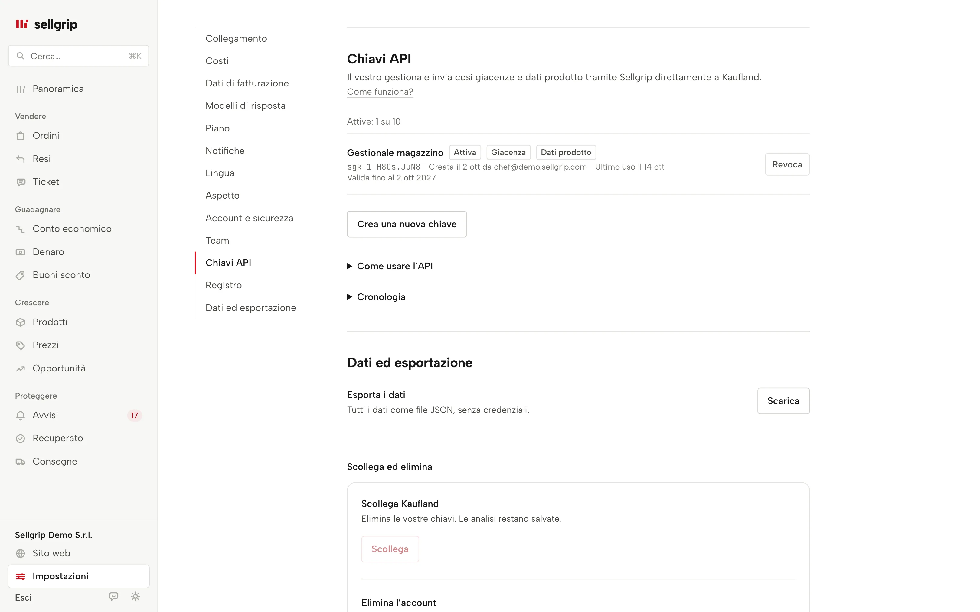 Chiavi API in Sellgrip: le chiavi con permessi, ultimo utilizzo e scadenza.