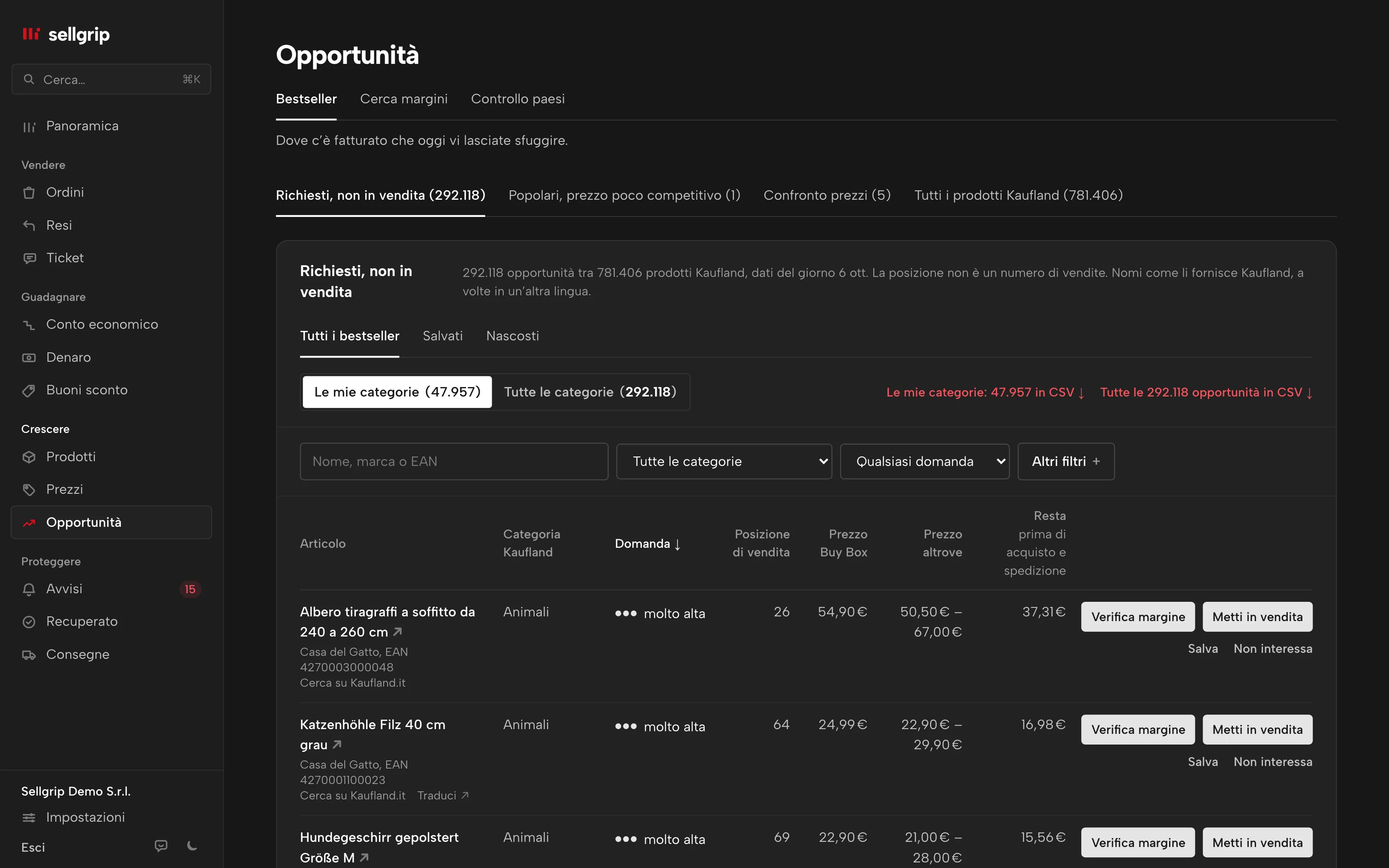 Opportunità in Sellgrip con il confronto prezzi: il vostro prezzo accanto all’offerta più economica su Kaufland e al prezzo della Buy Box.