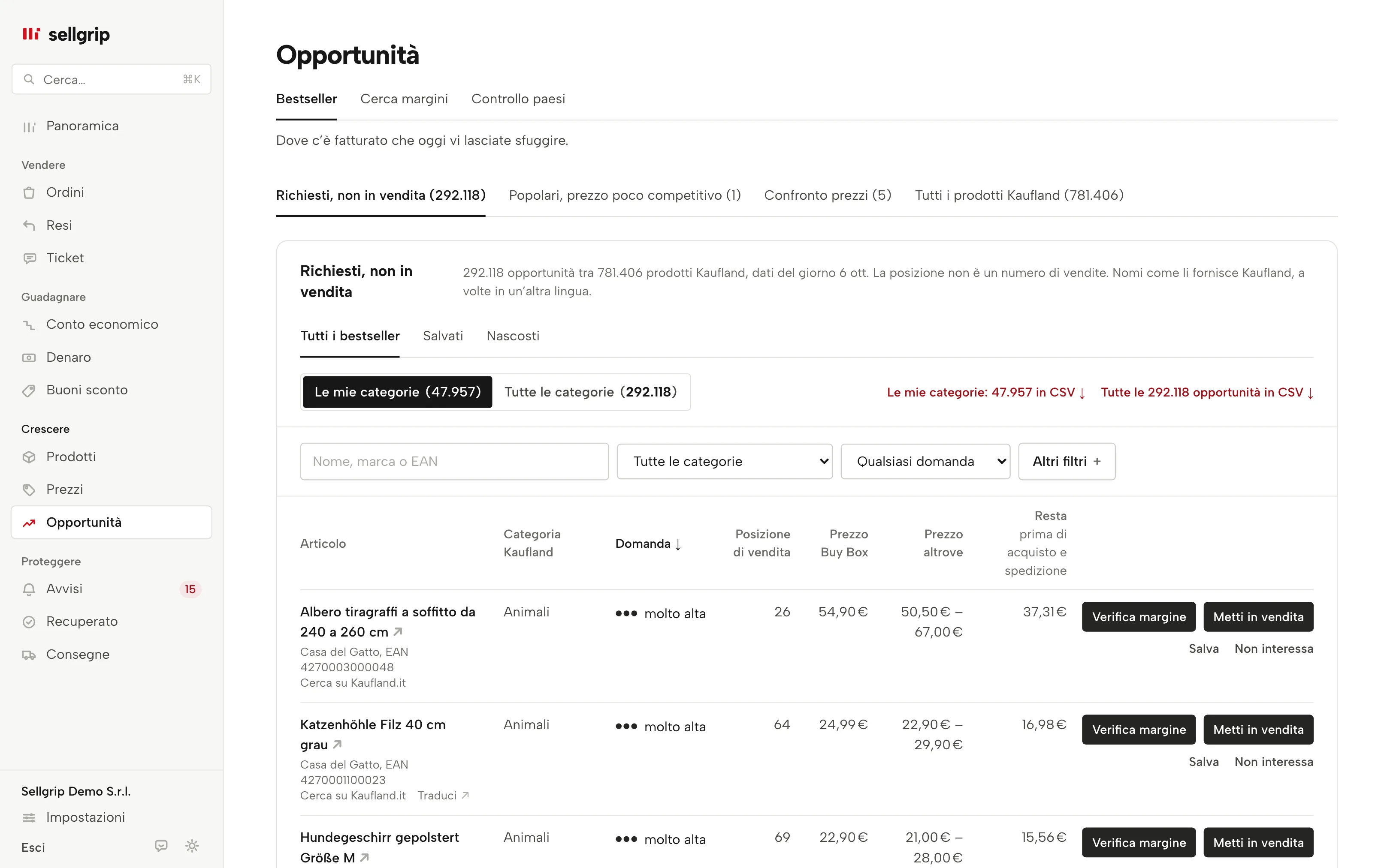 Opportunità in Sellgrip con il confronto prezzi: il vostro prezzo accanto all’offerta più economica su Kaufland e al prezzo della Buy Box.