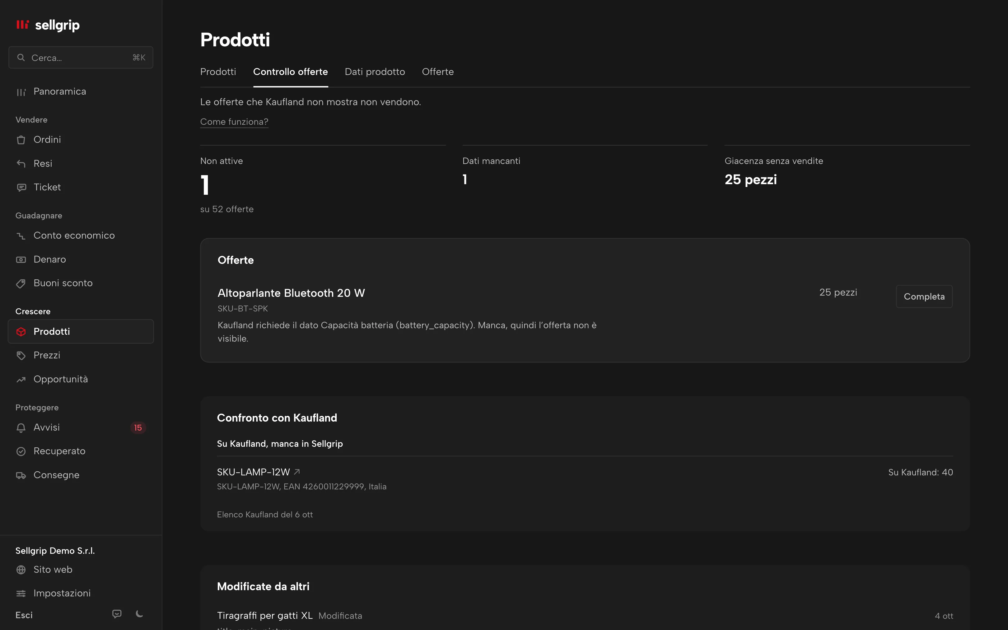 Controllo offerte in Sellgrip: le offerte che Kaufland non mostra, con il motivo e il pulsante Completa.