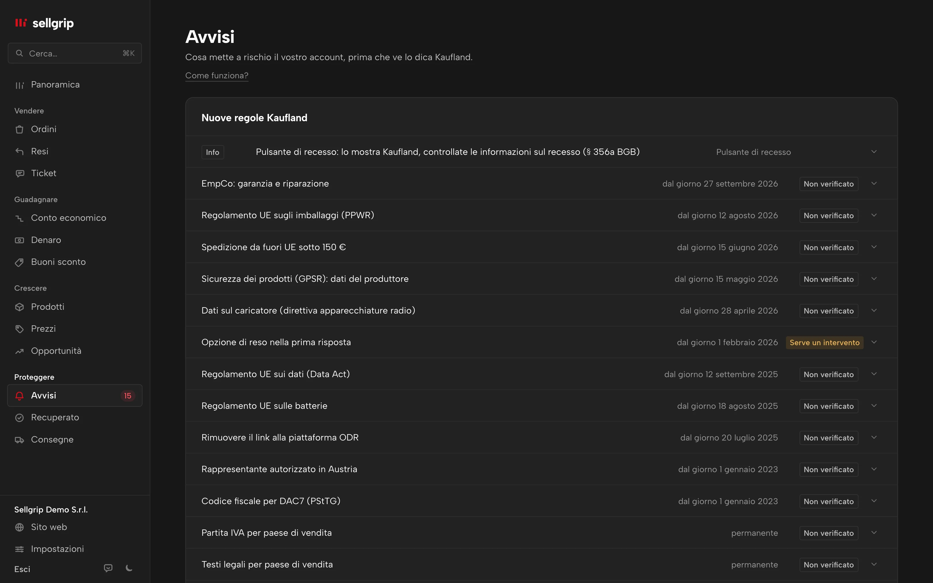 Gli avvisi in Sellgrip, in alto Salute dell’account con un rischio per l’account.