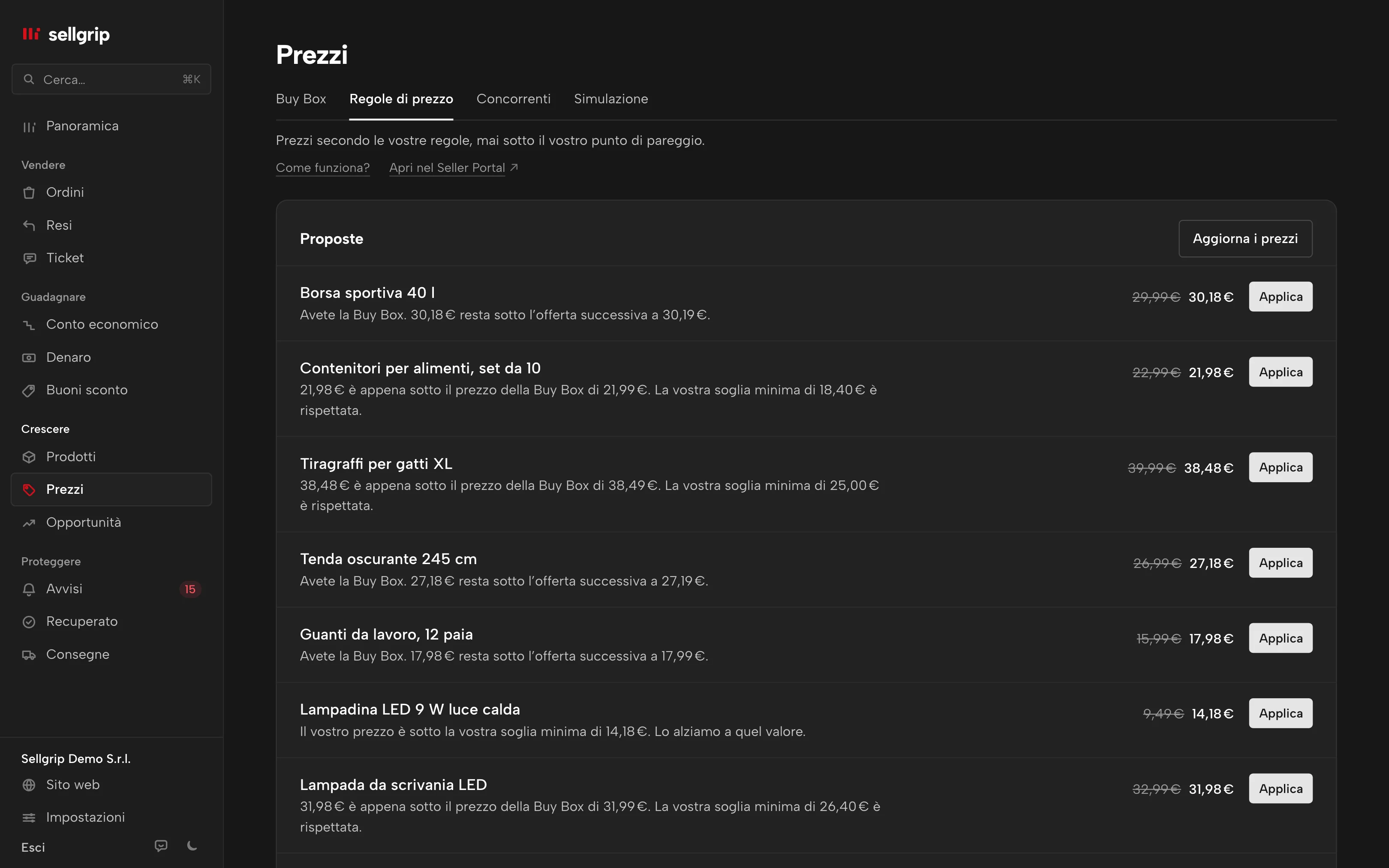 Regole di prezzo in Sellgrip con una proposta per prodotto, limite inferiore e arresto di emergenza.