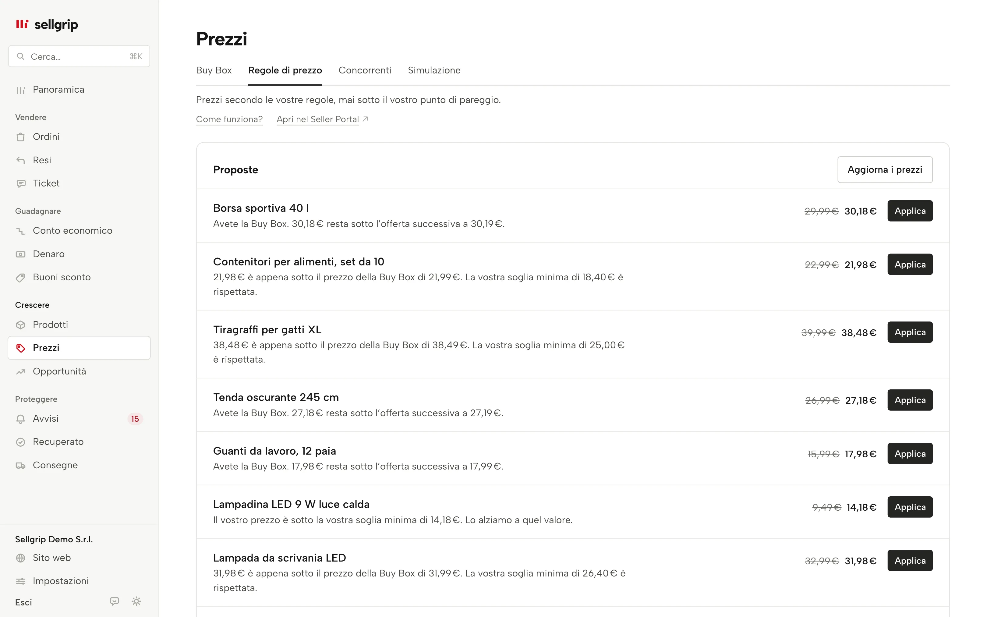 Regole di prezzo in Sellgrip con una proposta per prodotto, limite inferiore e arresto di emergenza.