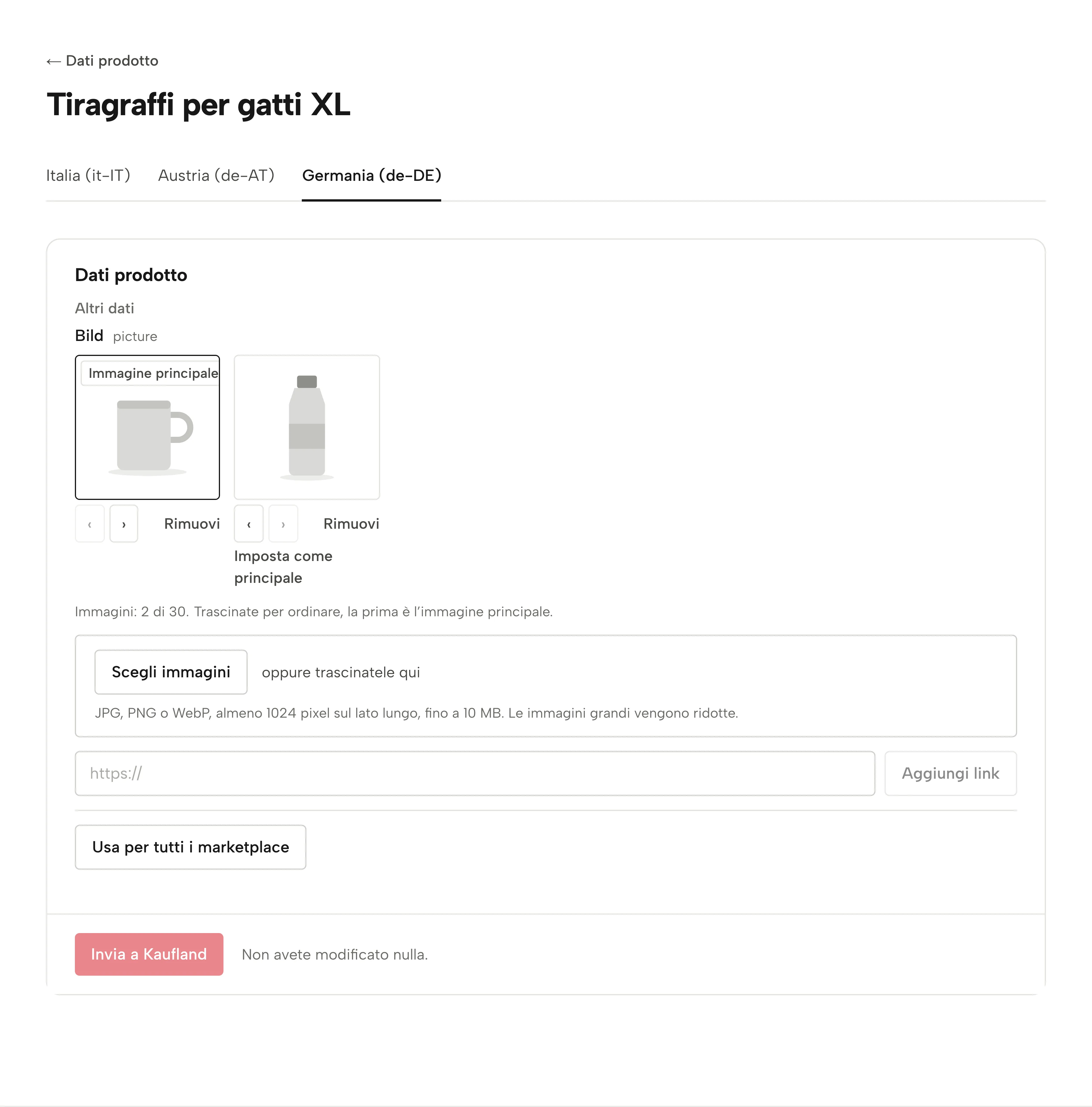 I dati di un prodotto in Sellgrip: una scheda per ogni negozio Kaufland, le immagini con l’immagine principale per prima e il campo per sceglierne, trascinarne o collegarne altre.