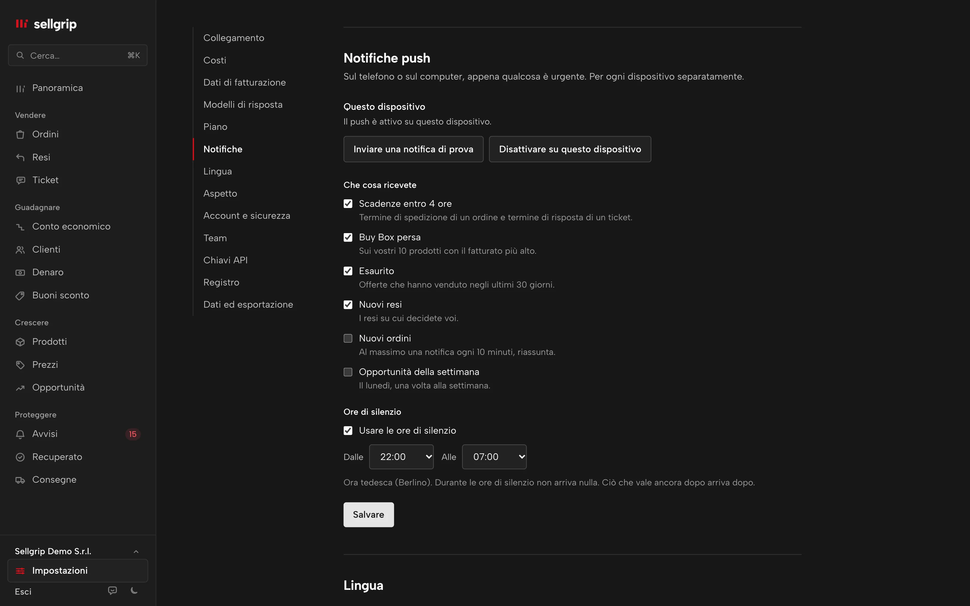 Le notifiche push nelle impostazioni di Sellgrip: le aree per dispositivo e le ore di silenzio.