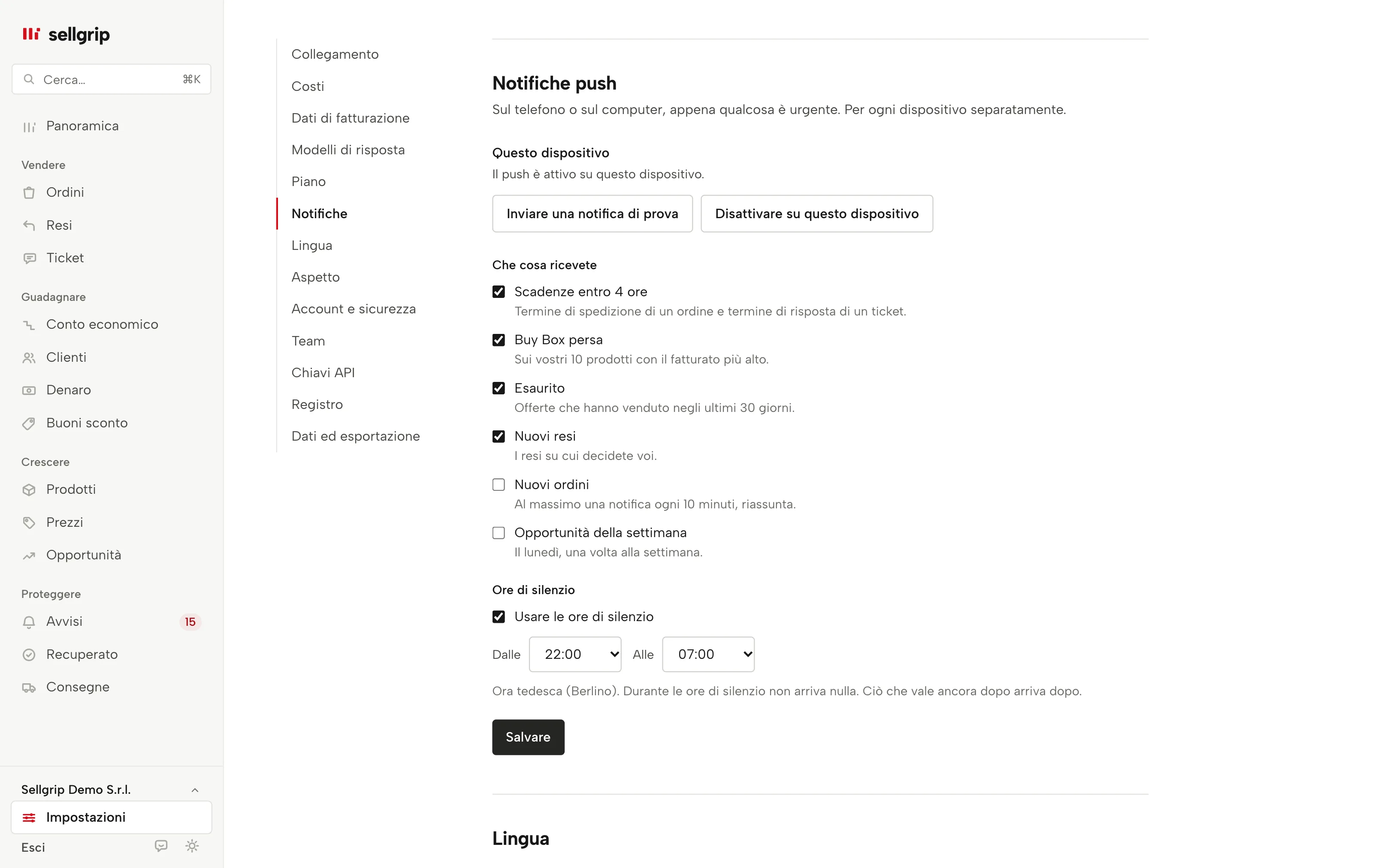 Le notifiche push nelle impostazioni di Sellgrip: le aree per dispositivo e le ore di silenzio.