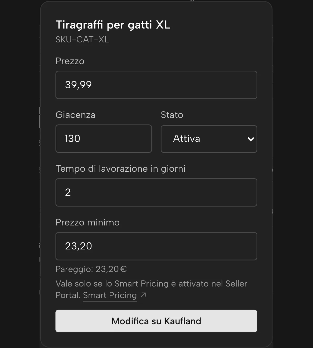 Prodotti in Sellgrip: prezzo minimo inserito al punto di pareggio, non ancora inviato a Kaufland