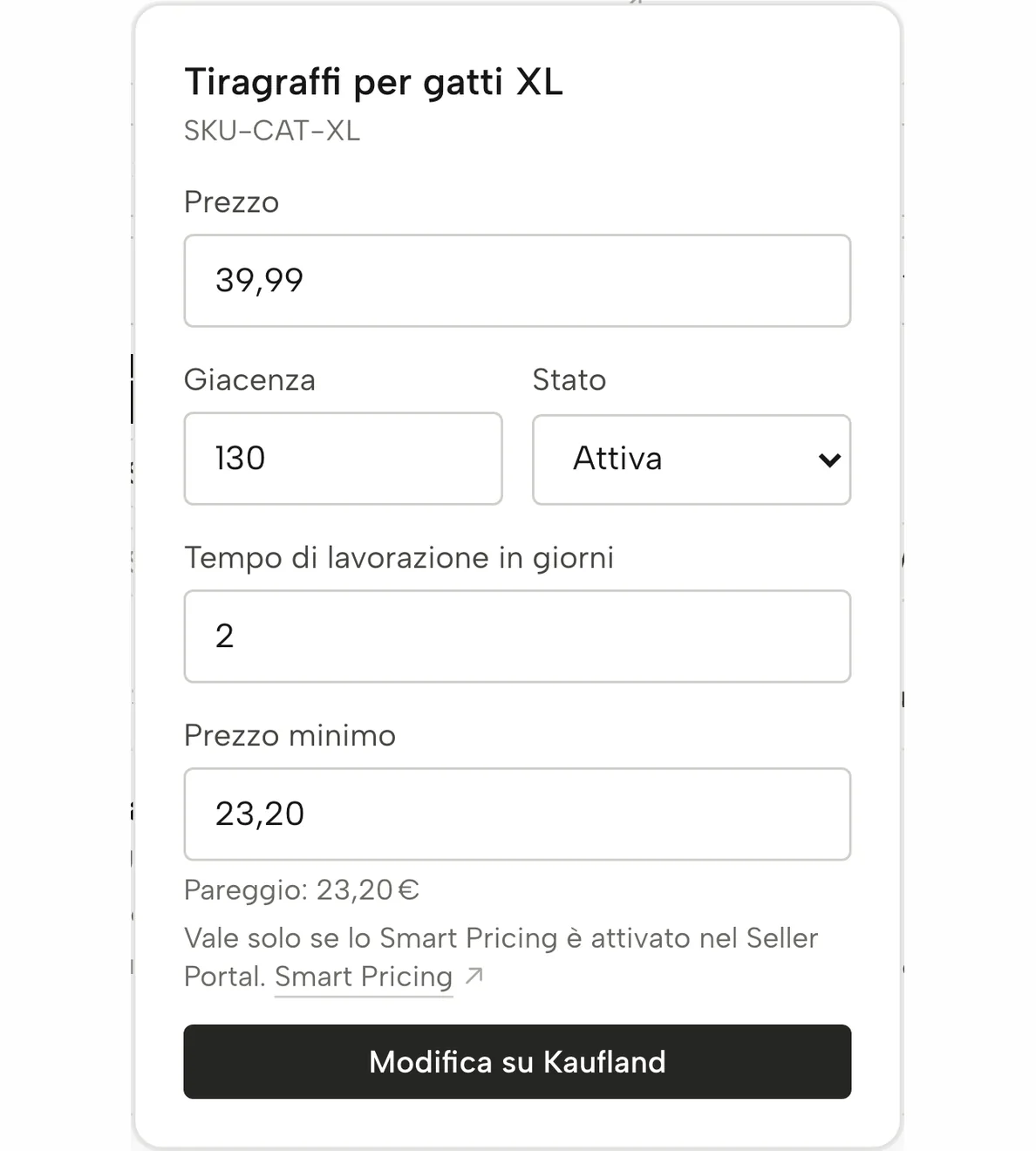 Prodotti in Sellgrip: prezzo minimo inserito al punto di pareggio, non ancora inviato a Kaufland