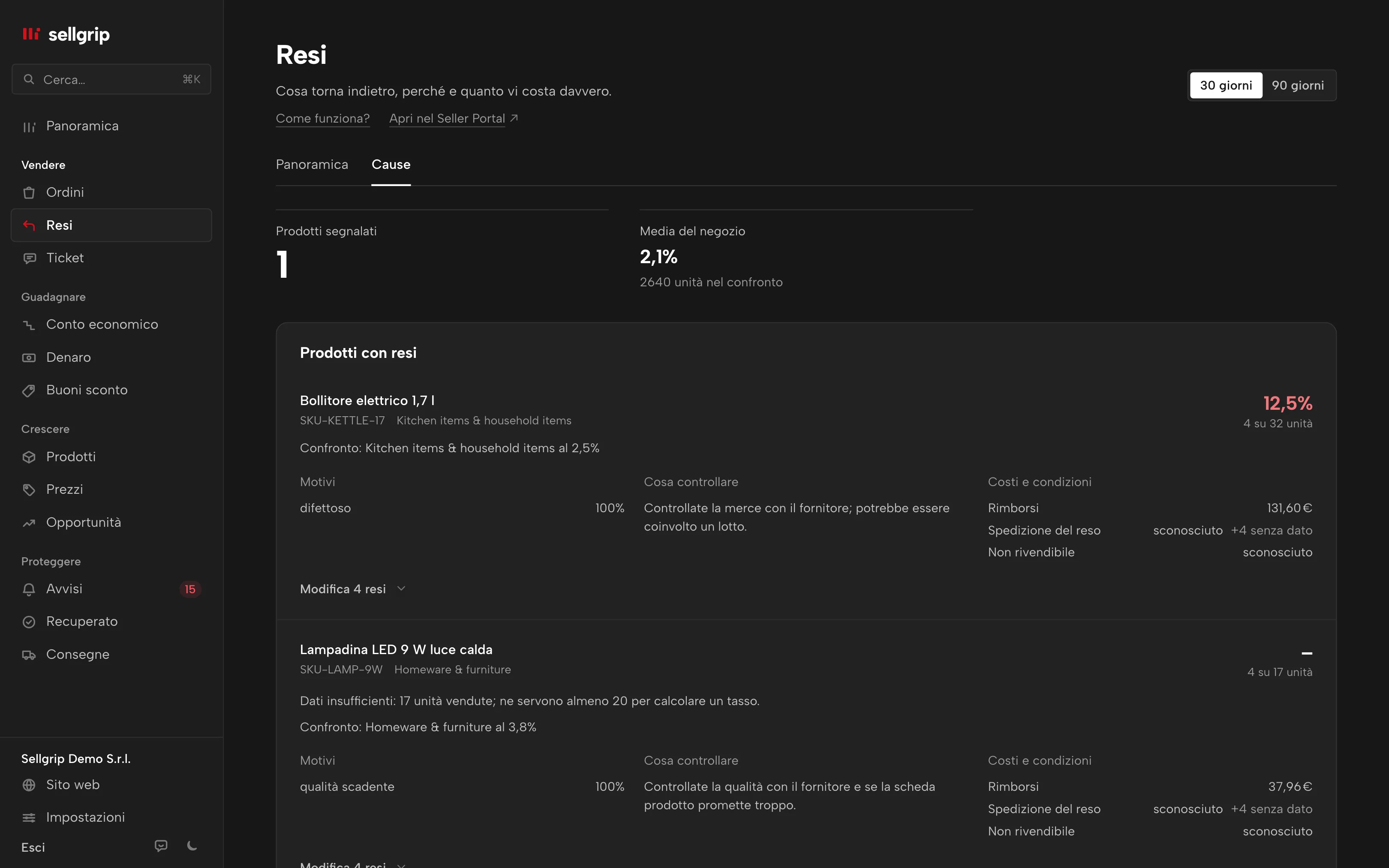 Radar resi in Sellgrip: prodotti segnalati, base di confronto, motivi dei resi e costi noti.