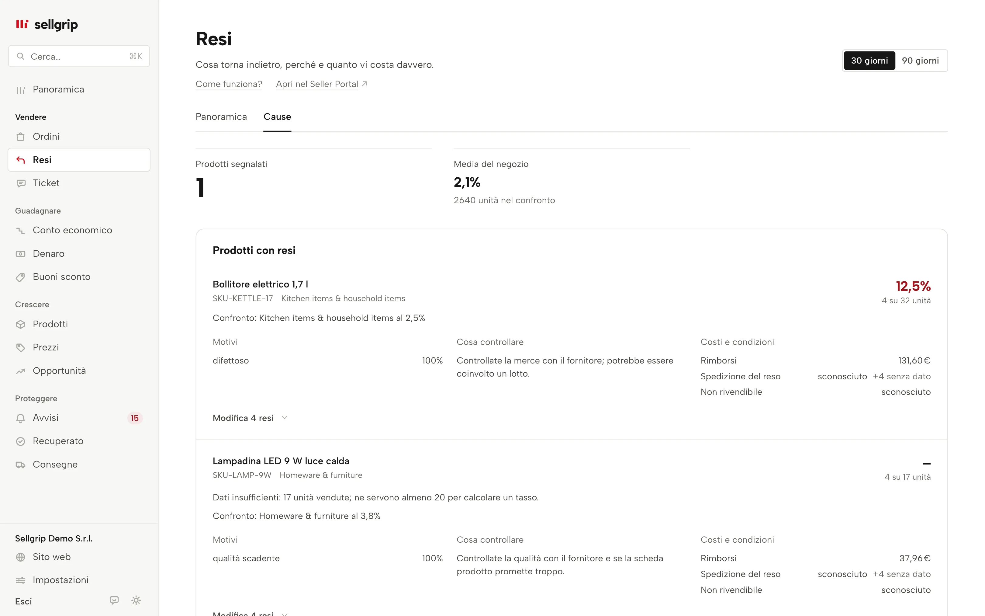 Radar resi in Sellgrip: prodotti segnalati, base di confronto, motivi dei resi e costi noti.