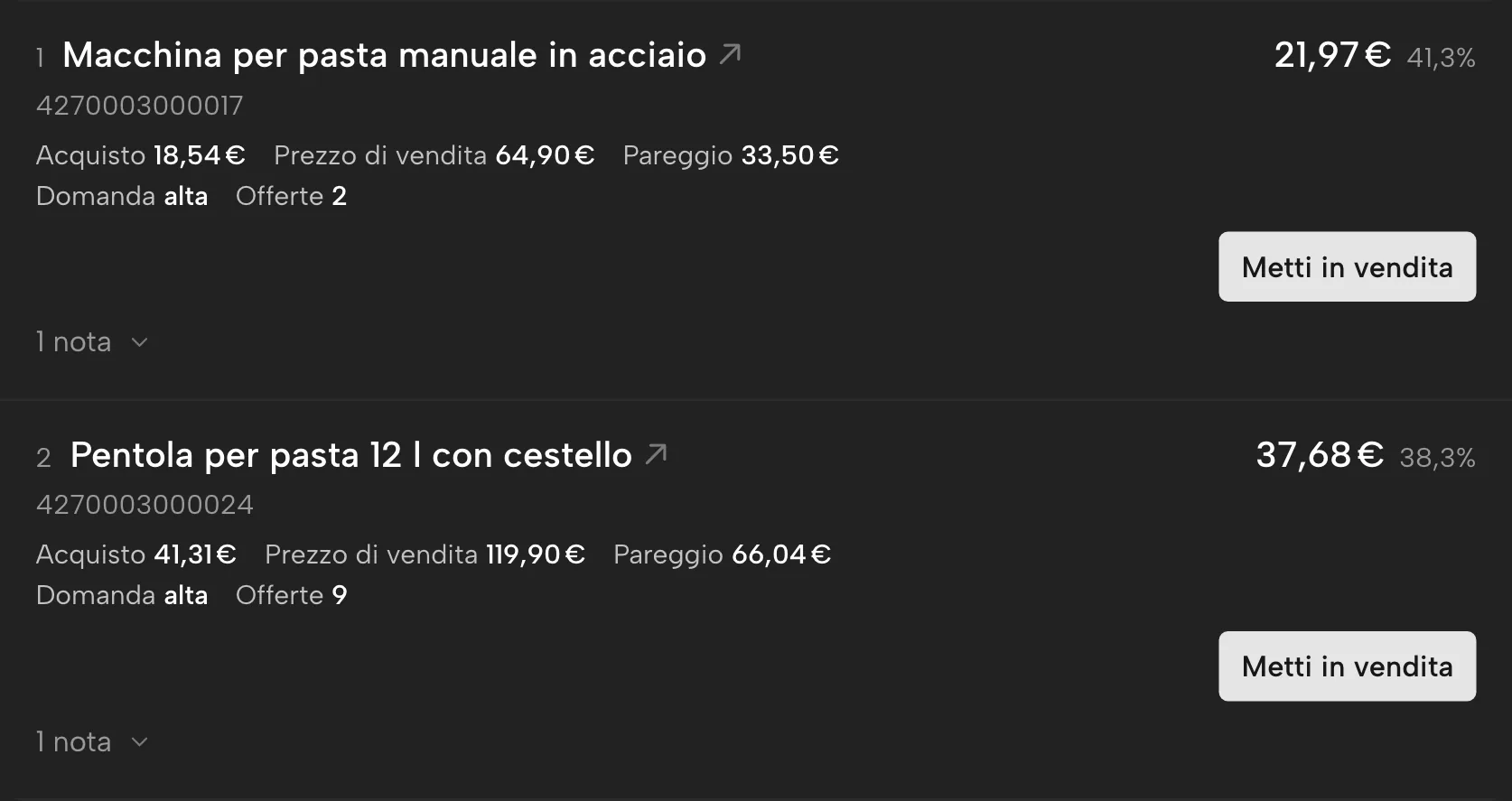 Cerca margini in Sellgrip, con dati di esempio