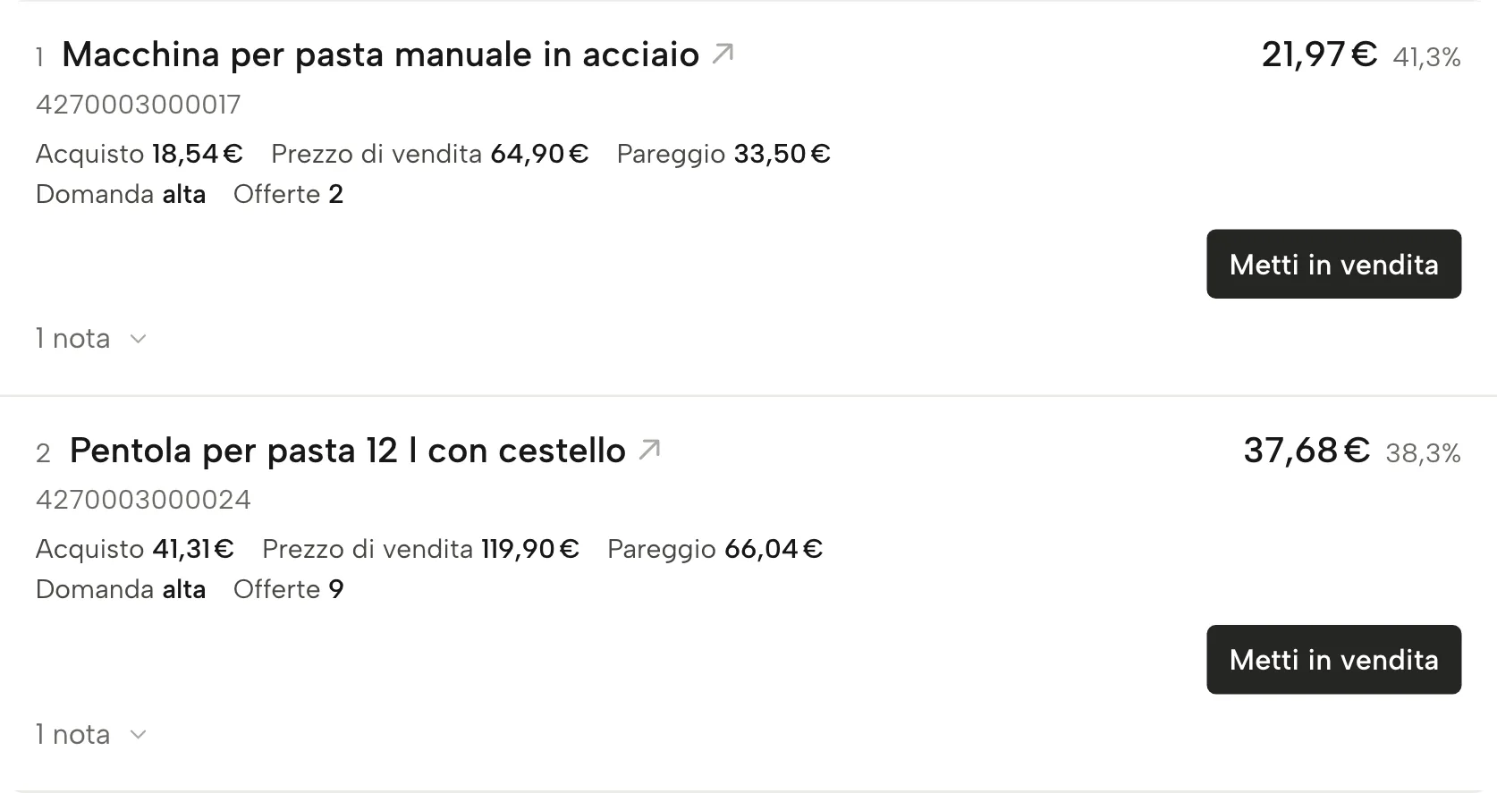 Cerca margini in Sellgrip, con dati di esempio