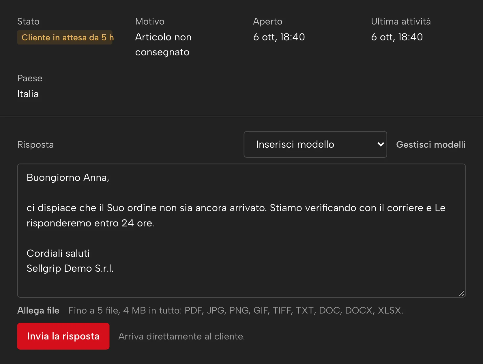 Ticket in Sellgrip, con dati di esempio