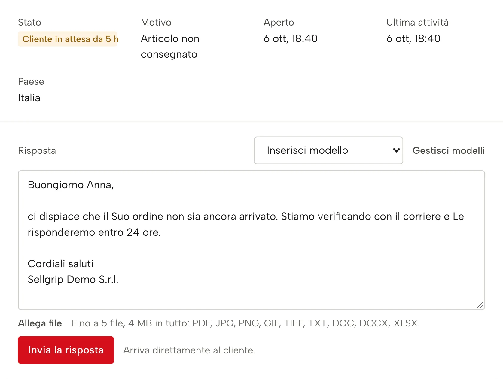 Ticket in Sellgrip, con dati di esempio