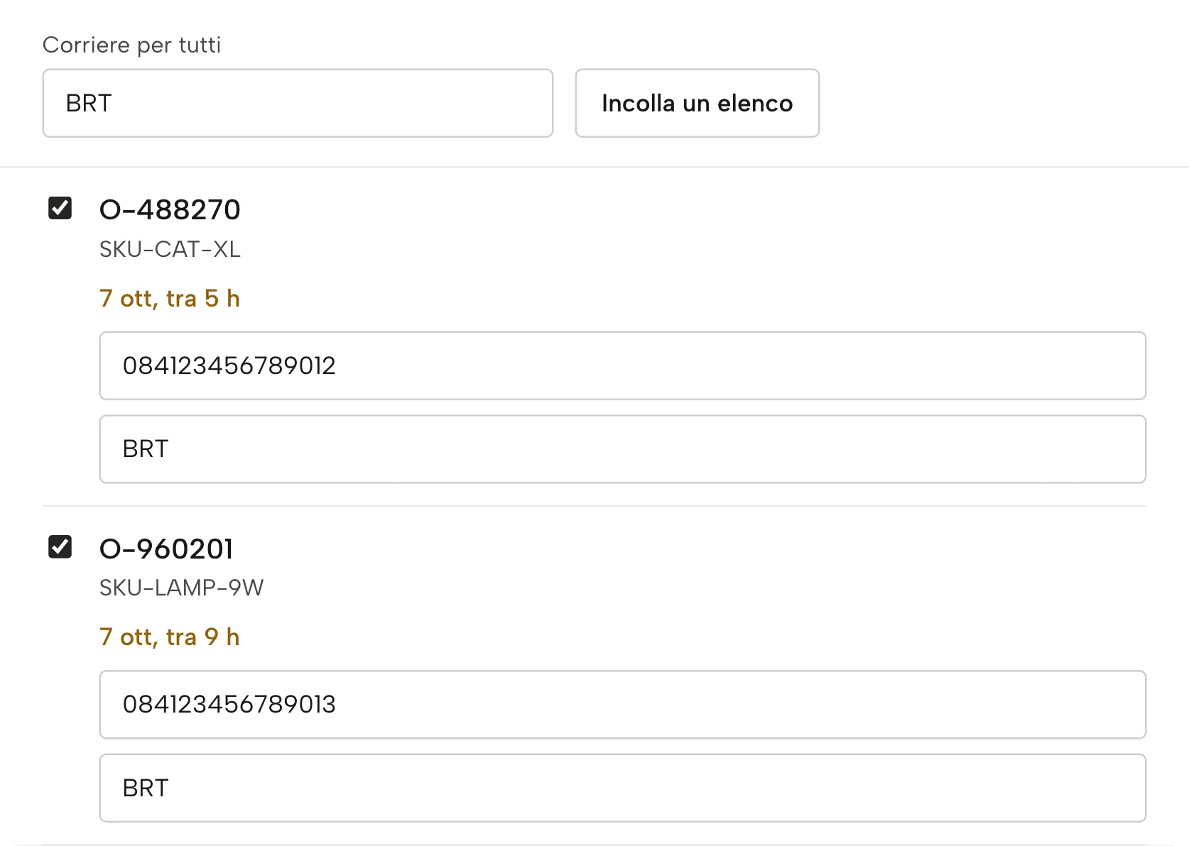 Conferma spedizione in Sellgrip, con dati di esempio