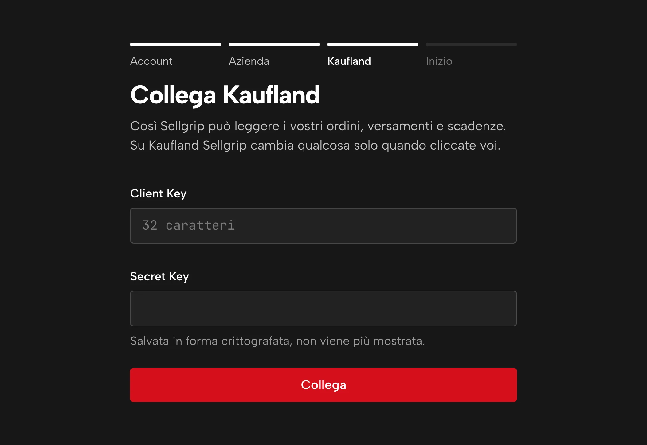 Inserimento delle chiavi in Sellgrip, con dati di esempio