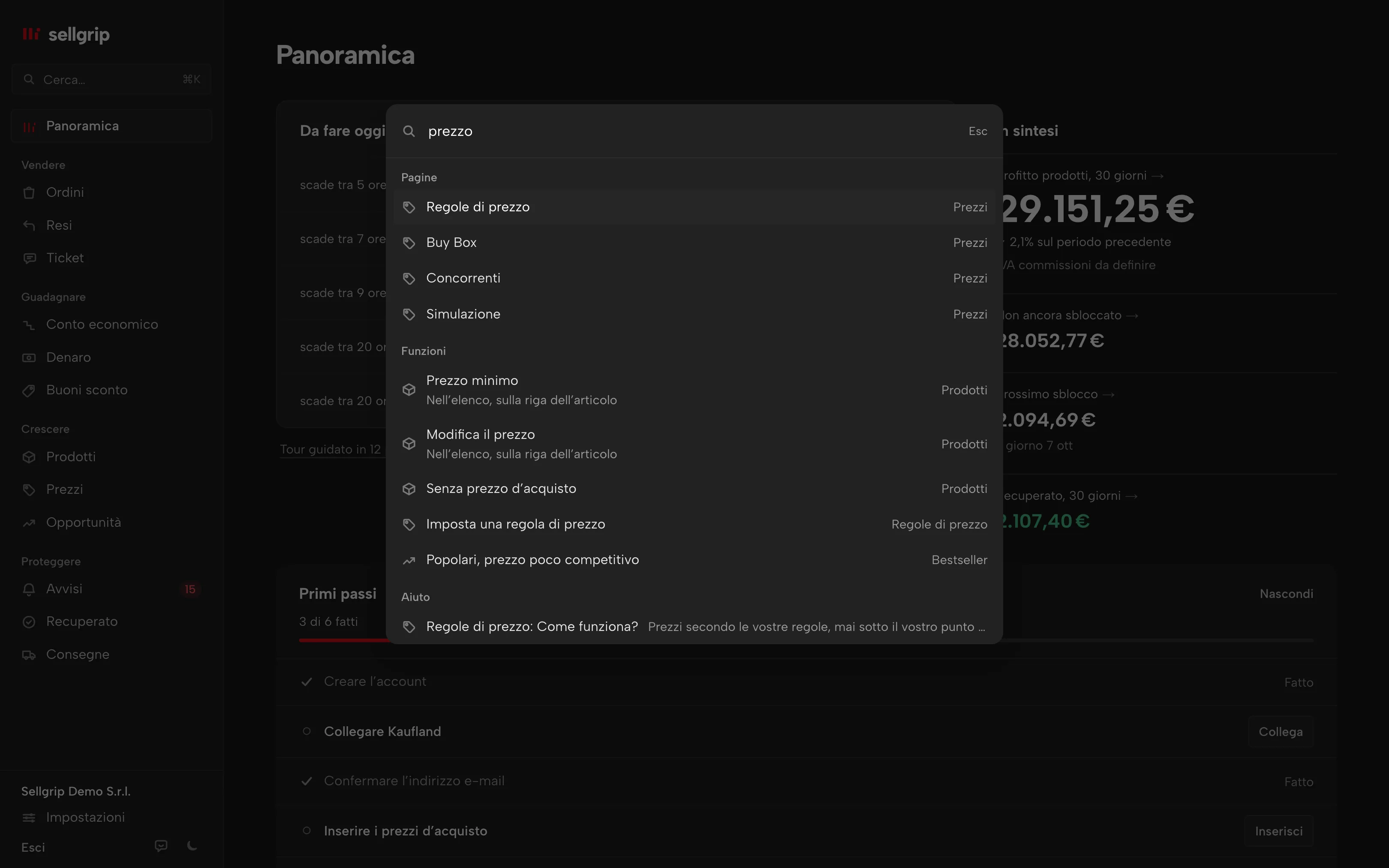 Ricerca in Sellgrip, aperta con ⌘K: le pagine e le funzioni al loro interno per la parola “prezzo”.