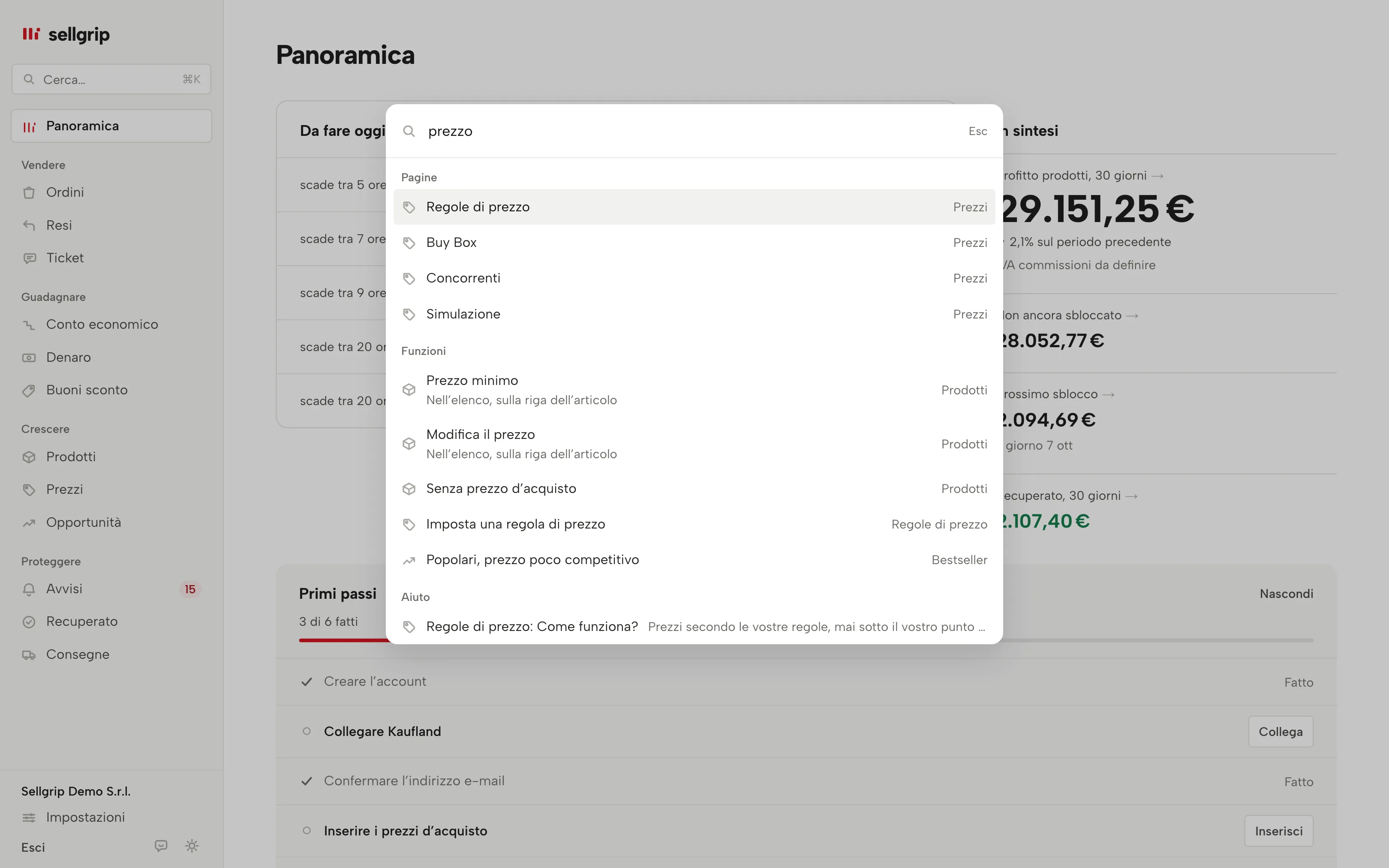 Ricerca in Sellgrip, aperta con ⌘K: le pagine e le funzioni al loro interno per la parola “prezzo”.