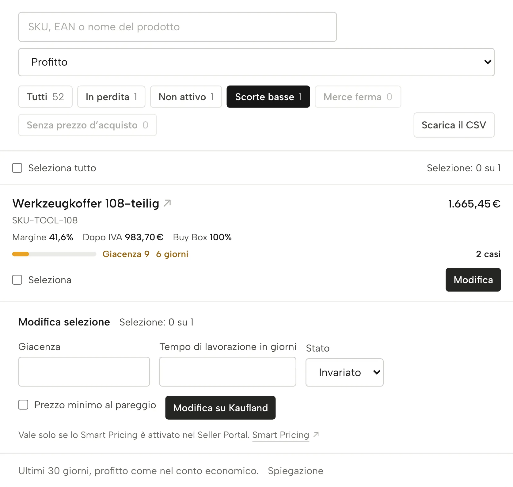 Riordino in Sellgrip, con dati di esempio
