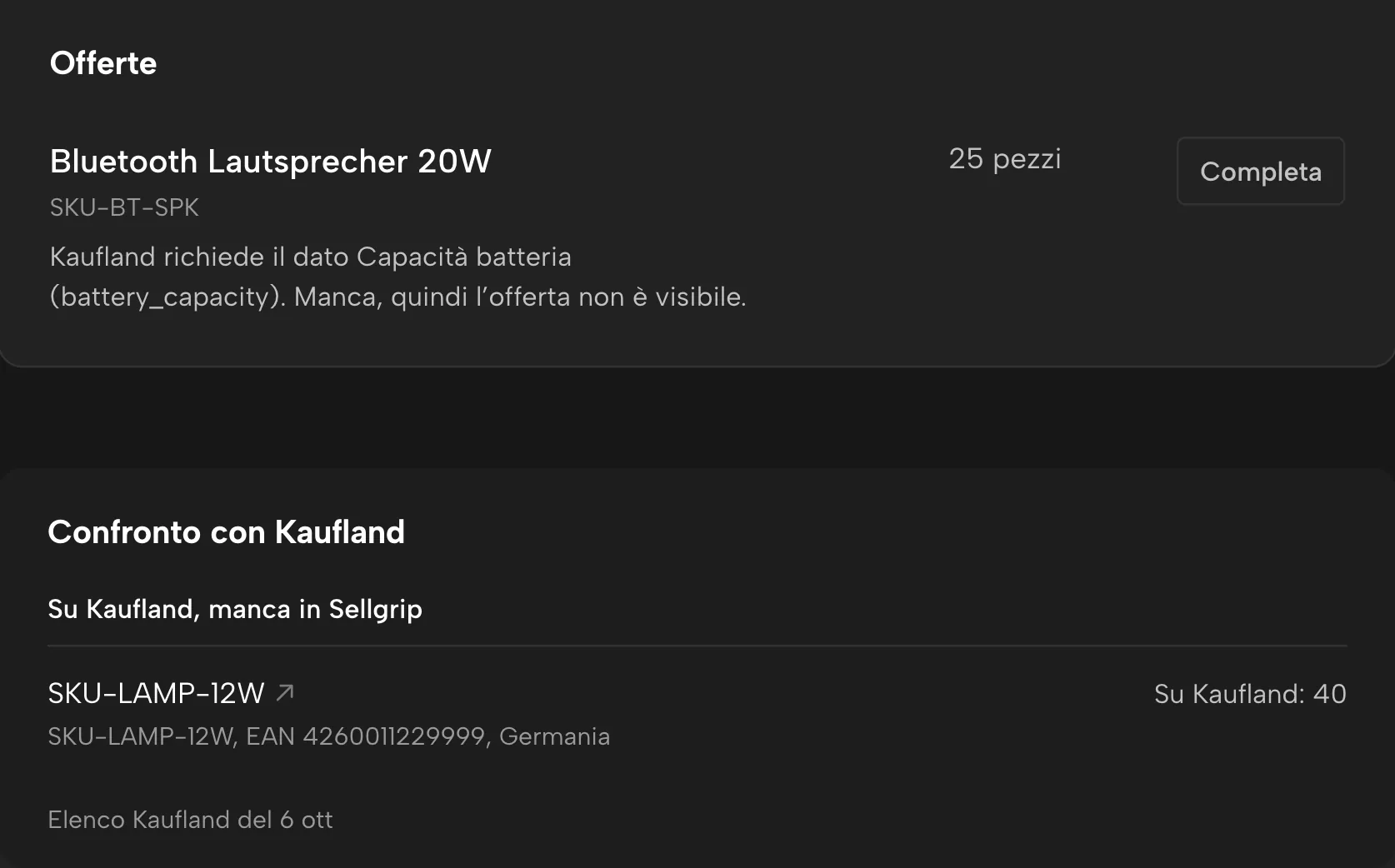 Controllo offerte in Sellgrip, con dati di esempio