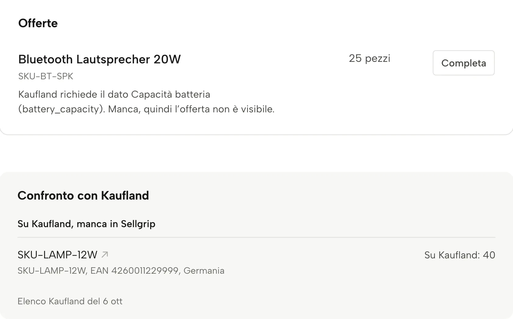 Controllo offerte in Sellgrip, con dati di esempio