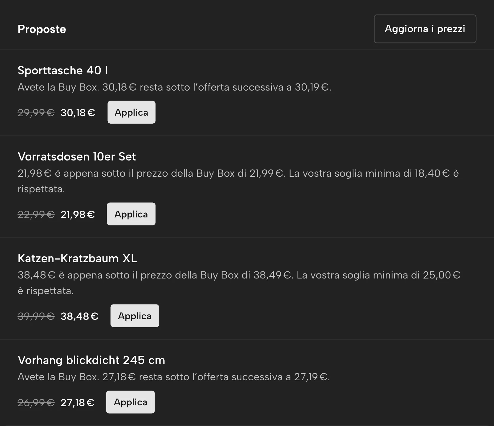 Regole di prezzo in Sellgrip, con dati di esempio