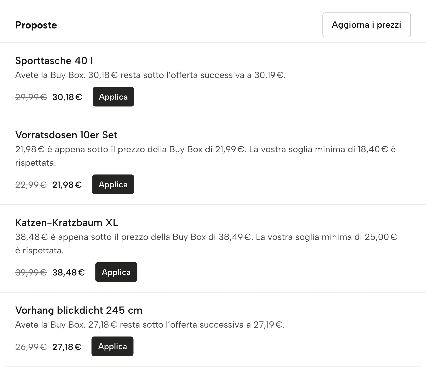 Regole di prezzo in Sellgrip, con dati di esempio