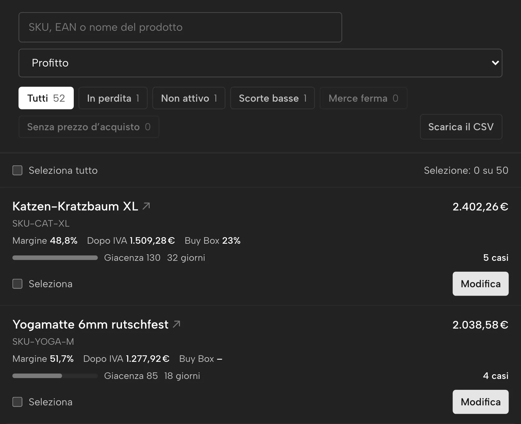 Prodotti in Sellgrip, con dati di esempio