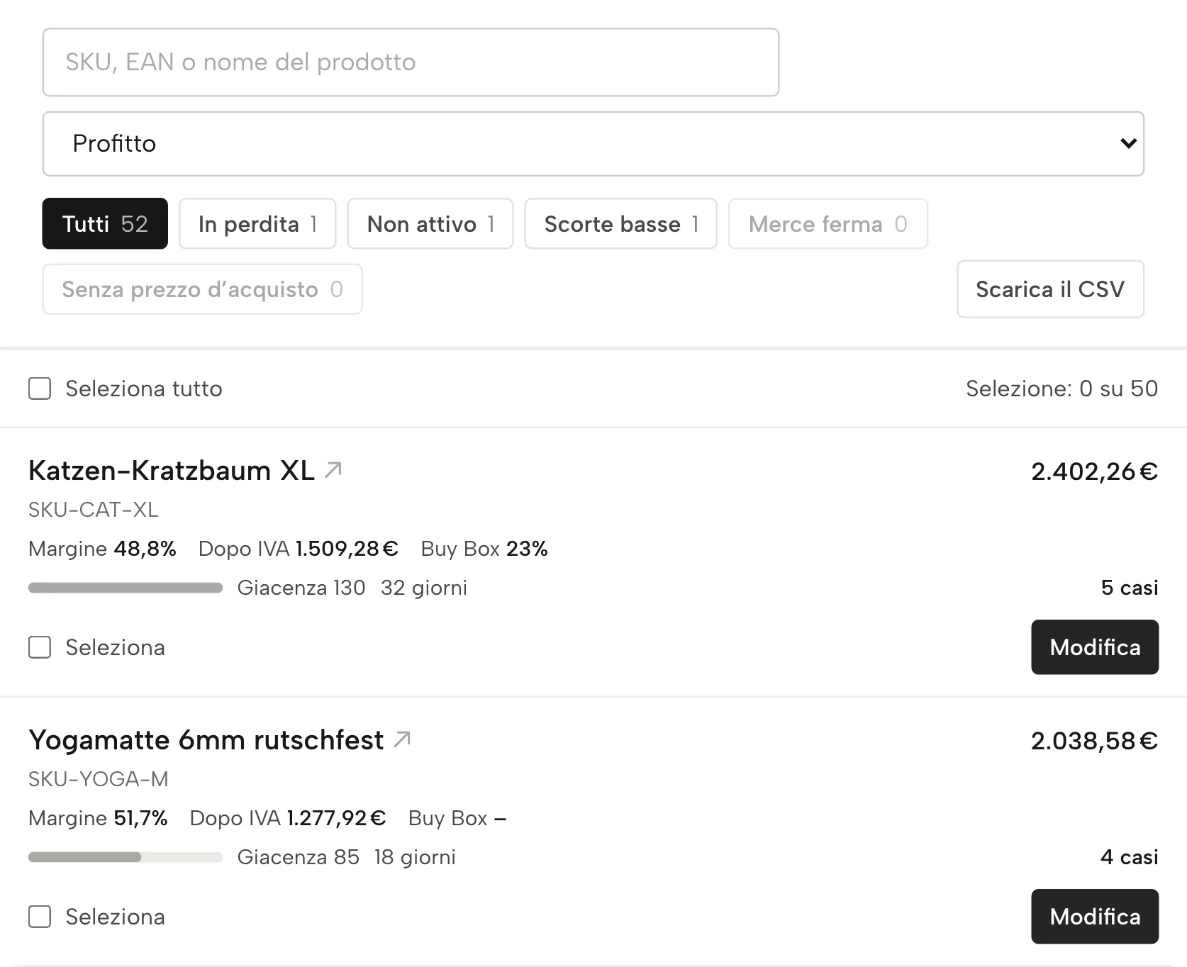 Prodotti in Sellgrip, con dati di esempio