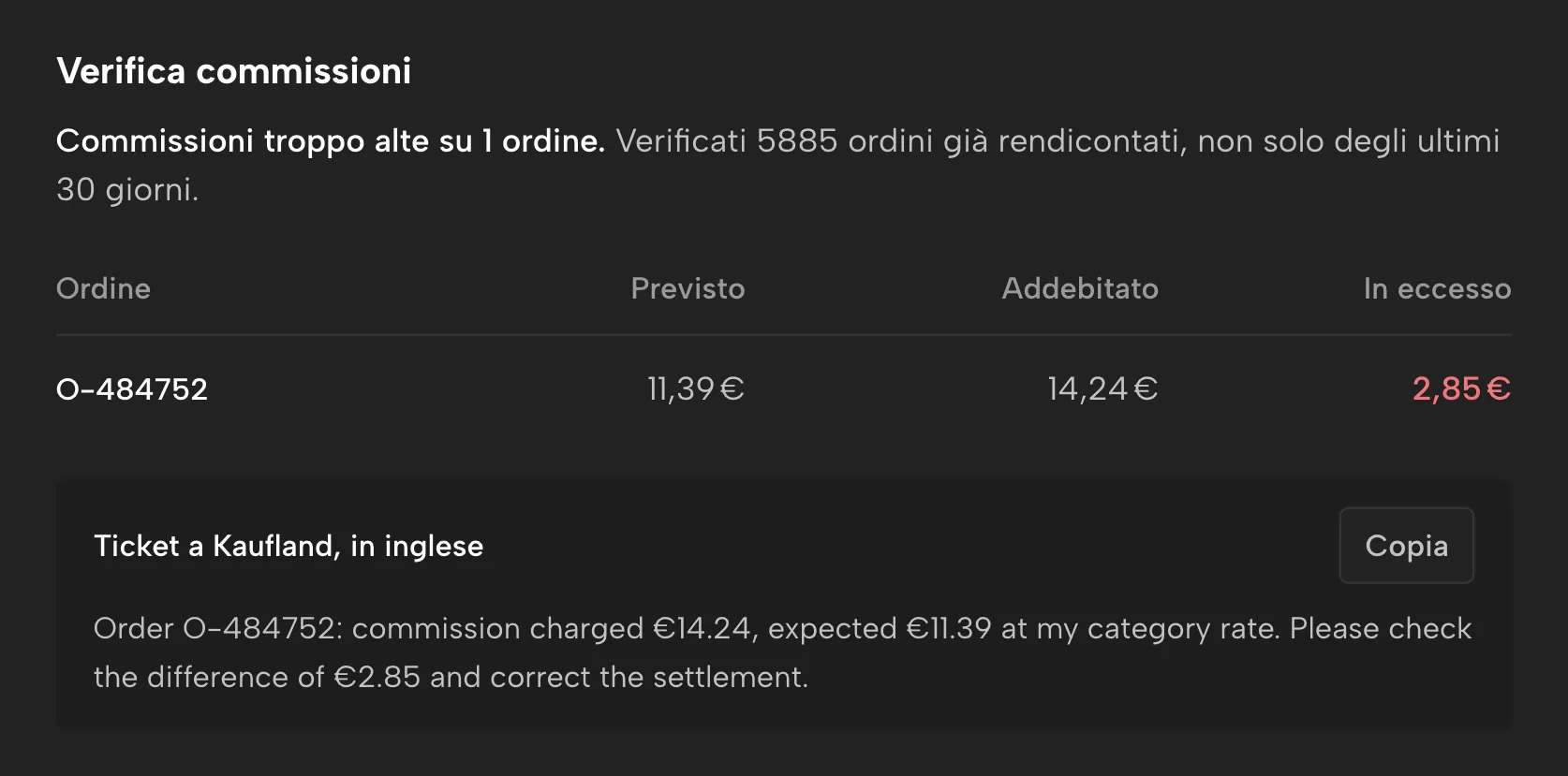 Verifica commissioni in Sellgrip, con dati di esempio
