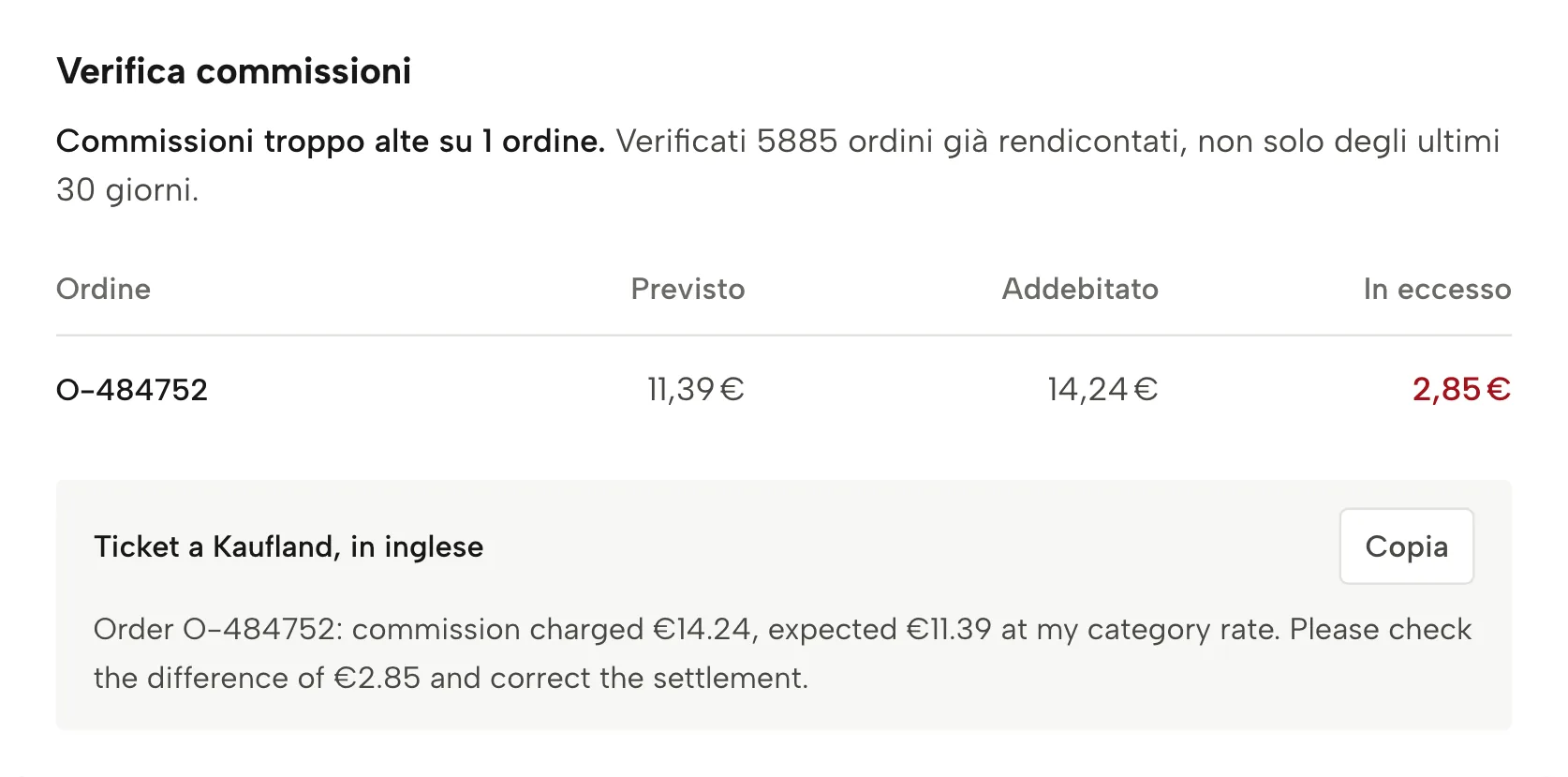 Verifica commissioni in Sellgrip, con dati di esempio