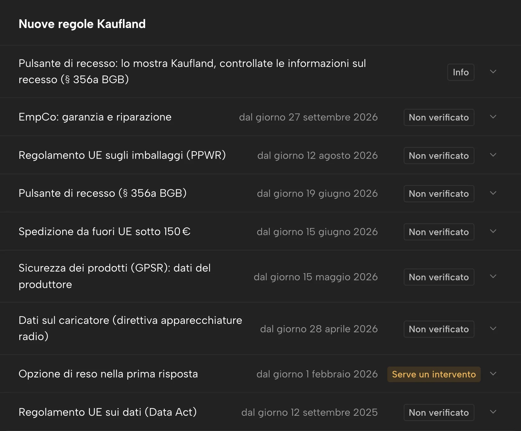 Calendario degli obblighi in Sellgrip, con dati di esempio