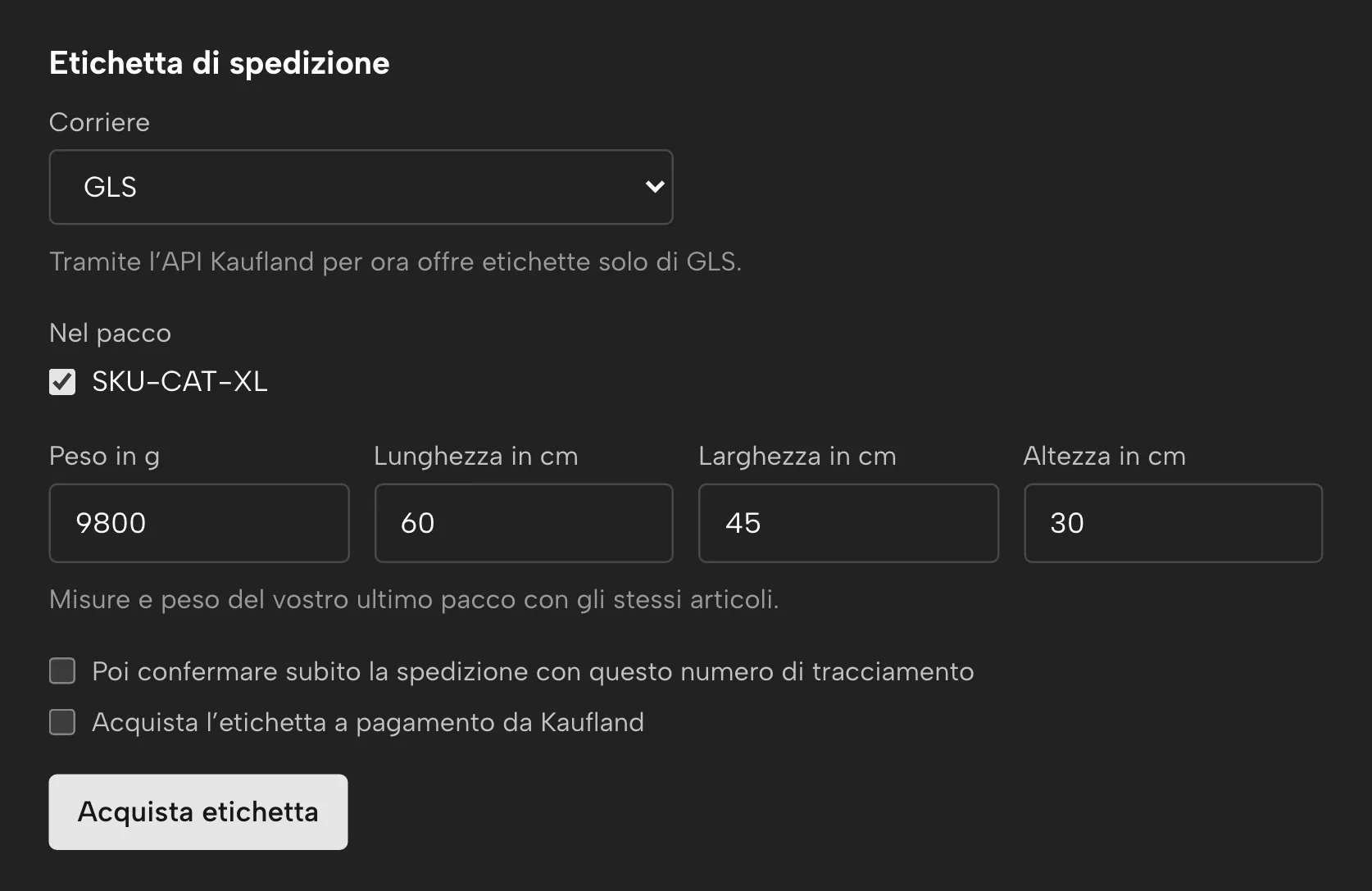 Etichette di spedizione in Sellgrip, con dati di esempio