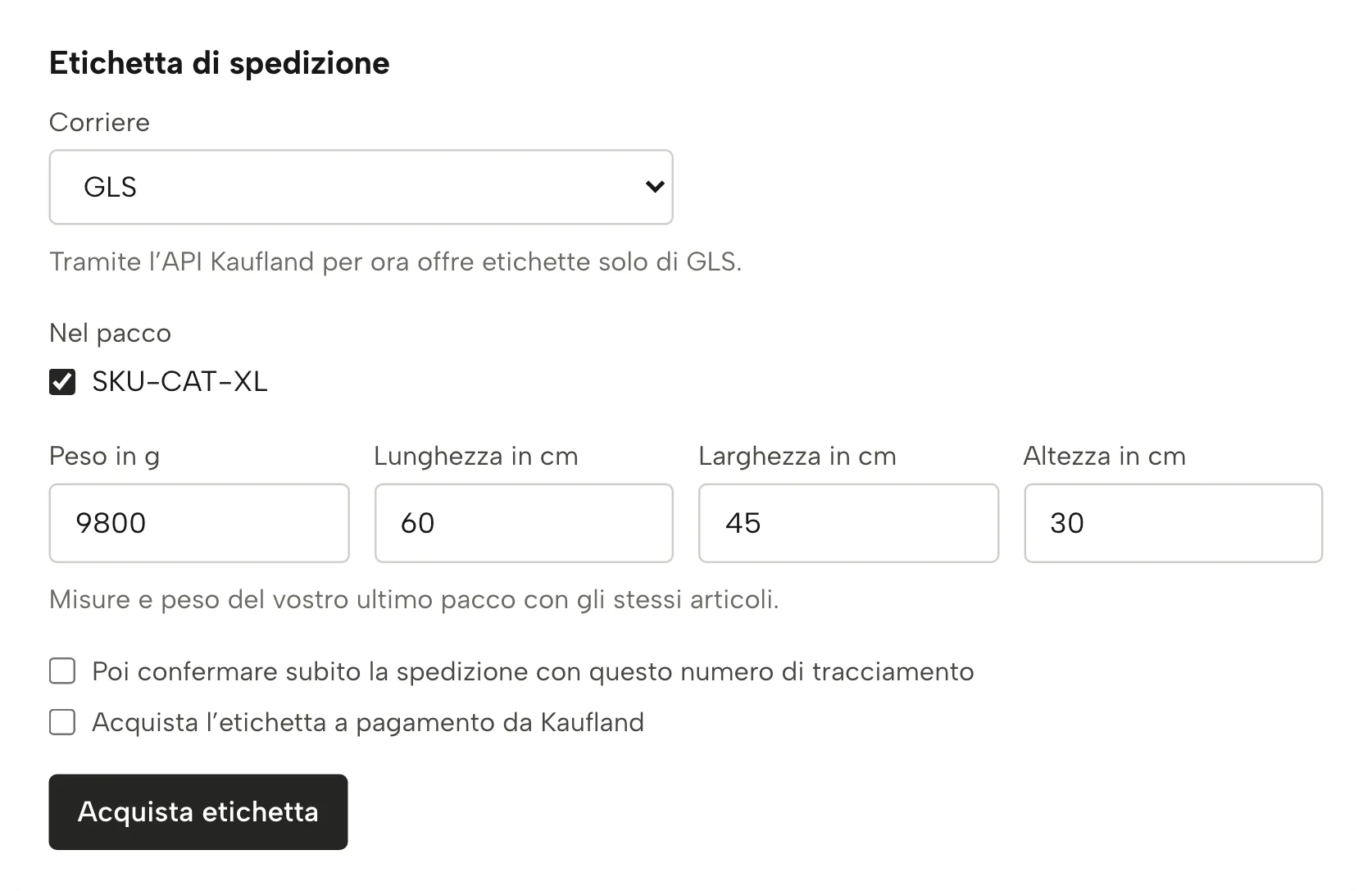 Etichette di spedizione in Sellgrip, con dati di esempio